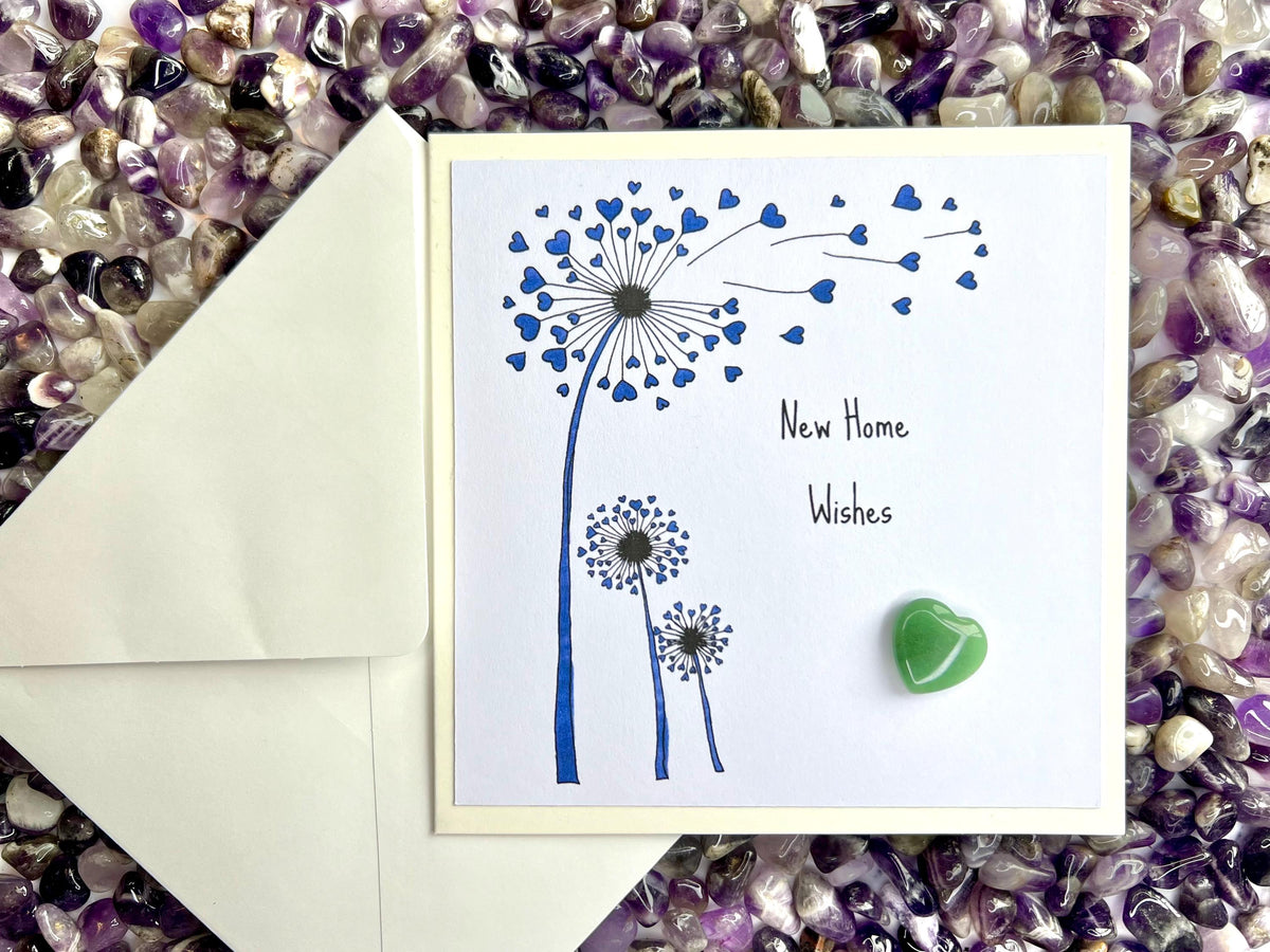 New Home Crystal Cards, Pocket Hug Dandelion Wishes keepsake, Purple Amethyst Heart Gemstones, Green Crystals for luck, House Warming Gift