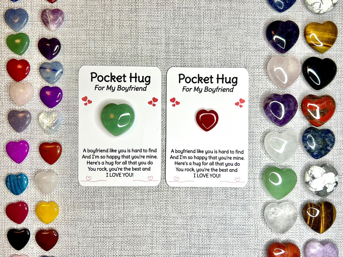 Crystal Heart Pocket Hug for Boyfriend, Crystal letterbox gift, Thinking of you present, Poem Card, Choose Crystal Type, Metaphysical Shop