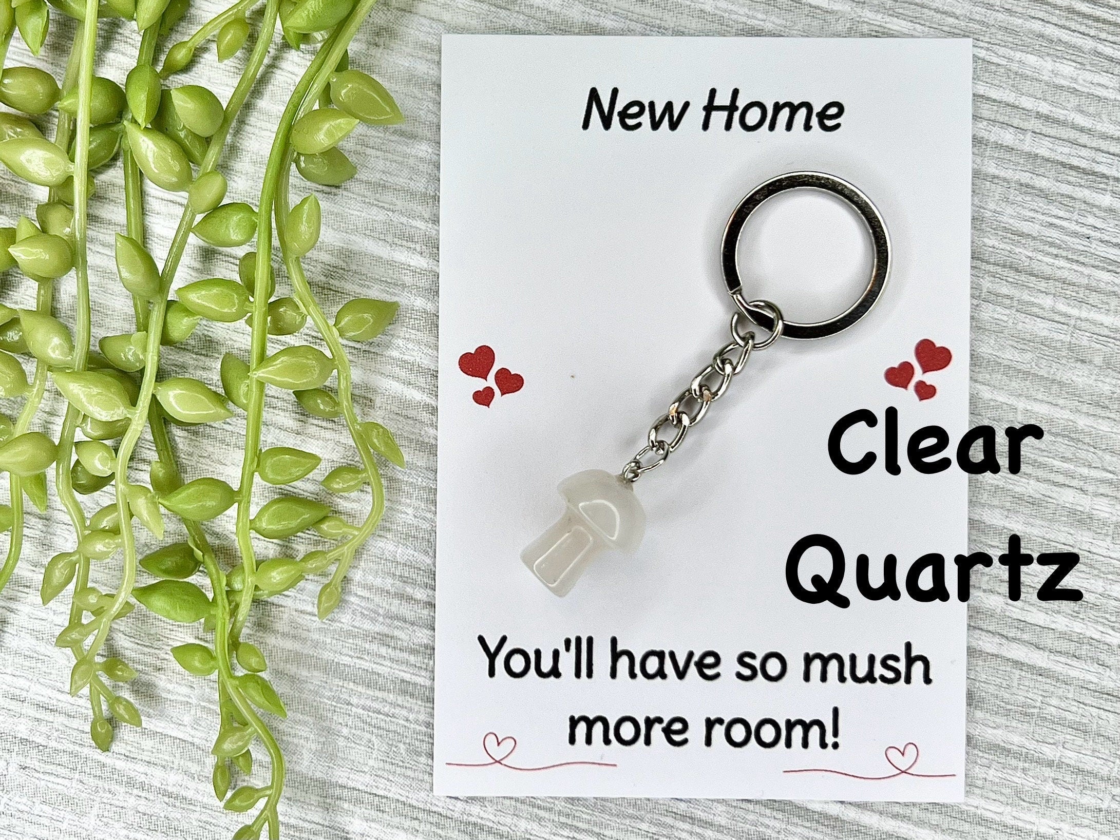 Crystal Mushroom Keyring, Jade Gift, Clear Quartz, Green Aventurine, Tigers Eye, Red Jasper, Sodalite, Dalmatian Jasper, Gift for new home