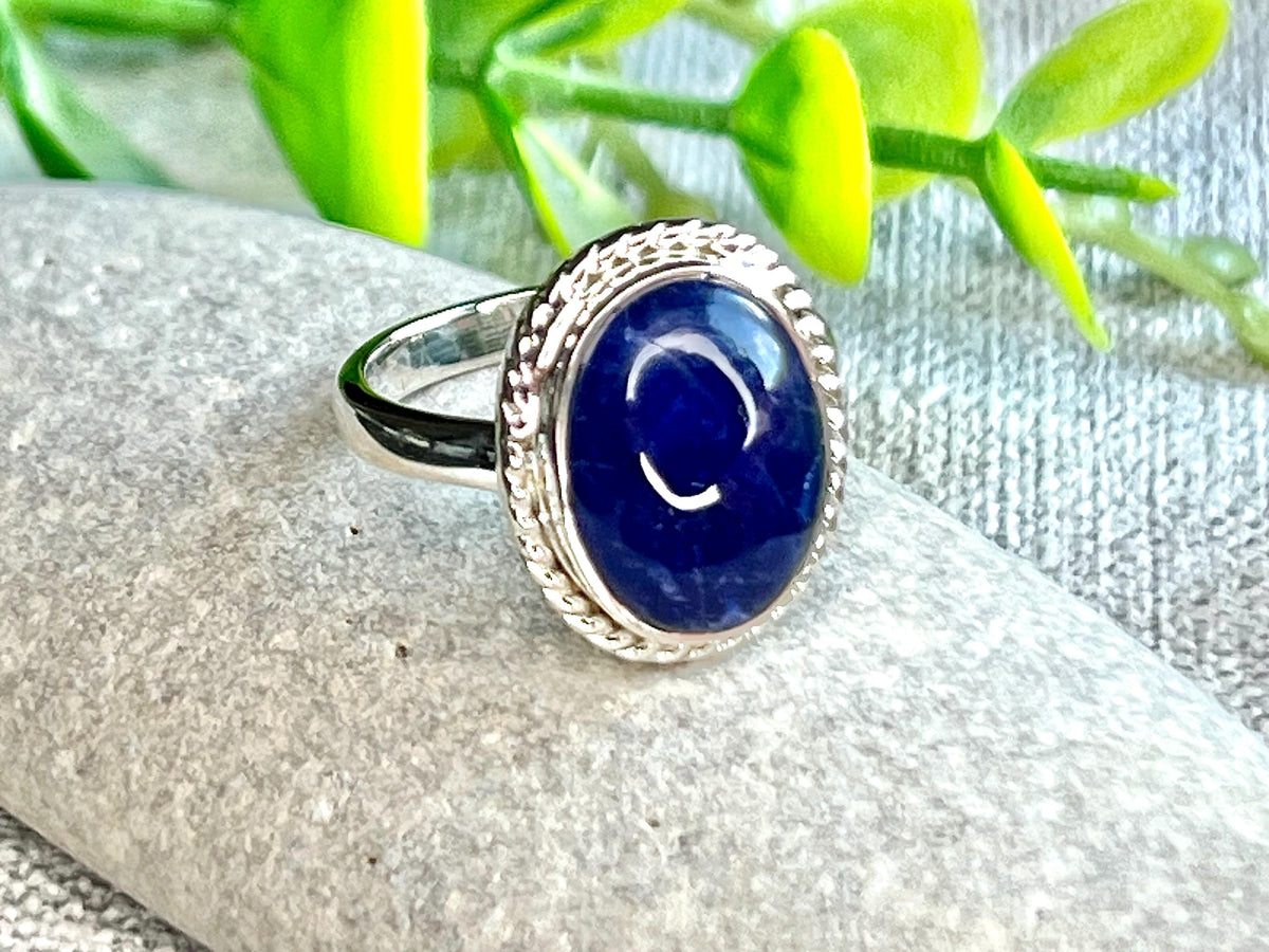 Sodalite Crystal Ring Size L &1/2, 925 Sterling Silver, Healing Crystal Jewellery Gift for her, Blue Gemstone for calm, UK Ethically sourced