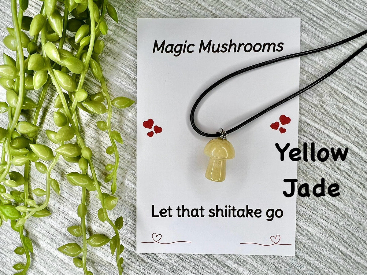 Crystal Mushroom Pendant Necklace on Vegan Friendly Cord, Moss Agate, Jade, Quartz, Tourmaline, Aventurine, Tigers Eye, Sodalite Gift