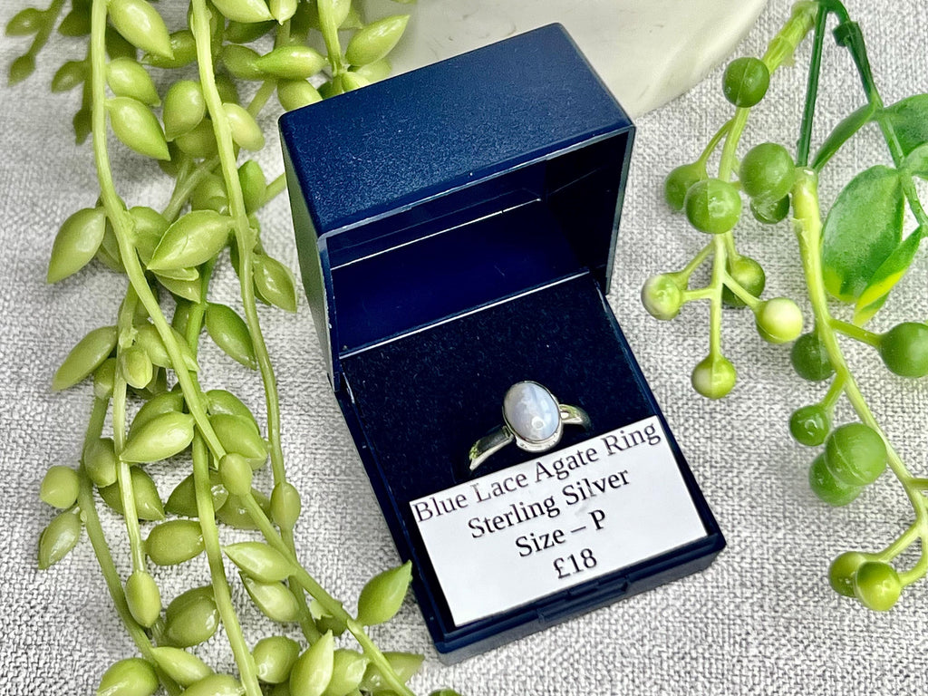 Blue Lace Agate Crystal Ring, UK Size P, 925 Sterling Silver, Healing Crystal Jewellery Gift, Purple Gemstone for anxiety, Ethically sourced