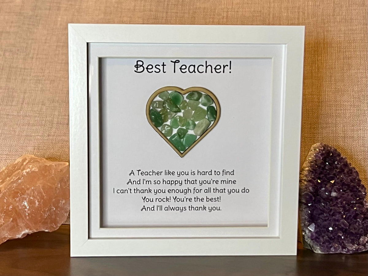 Teacher thank you gift, framed crystal heart and poem, metaphysical shop, wall art decor, aventurine gemstone gift, green crystal present