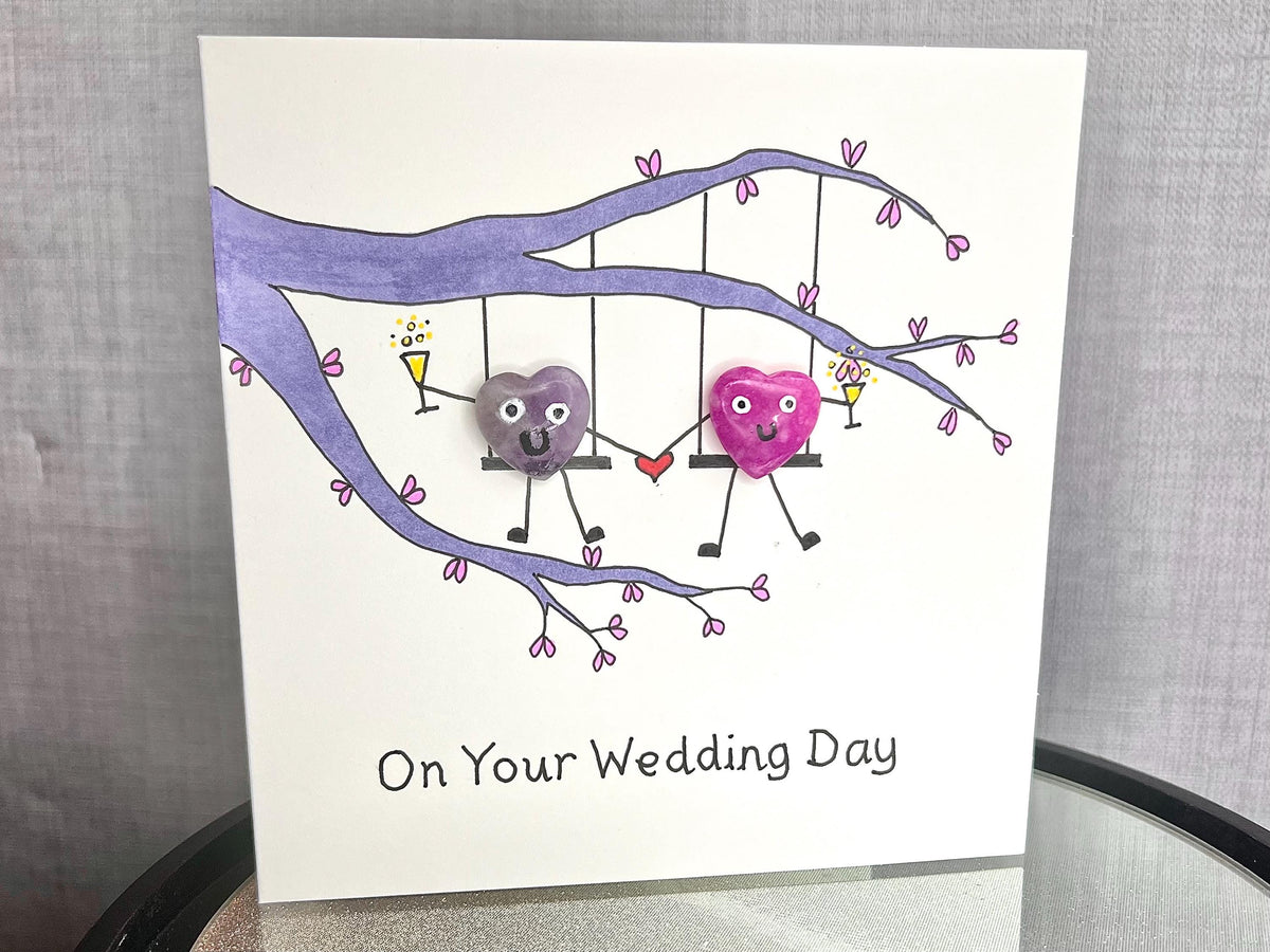 Wedding Crystal Cards, Pocket Hug Greetings Card for Bride and Groom, Handmade Keepsake Gift, Pink, Blue and Purple Amethyst Heart Gemstones