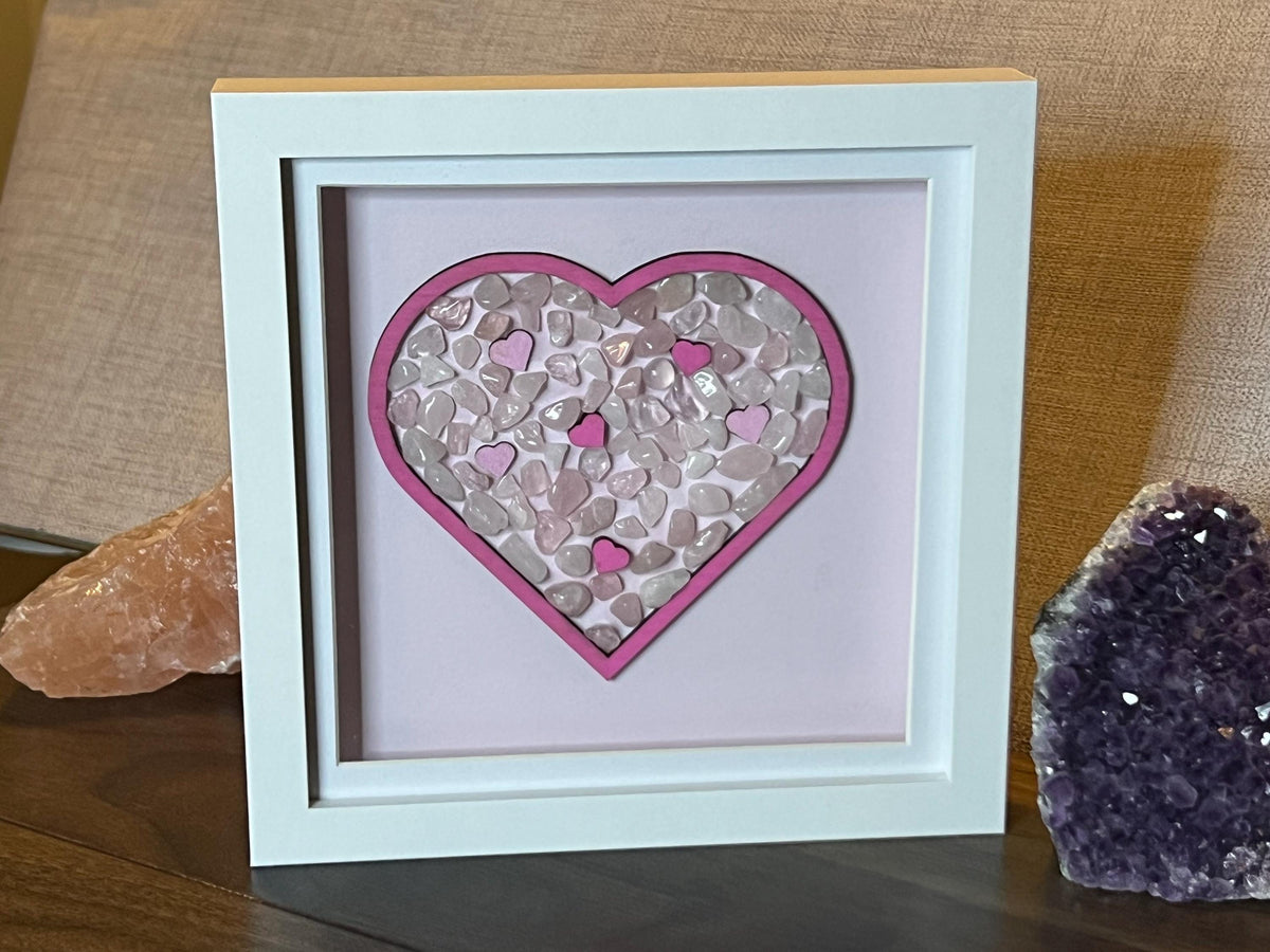 Framed Rose Quartz heart, crystal for love, metaphysical shop, wall art decor, pink gemstone birthday gift for her, crystal present