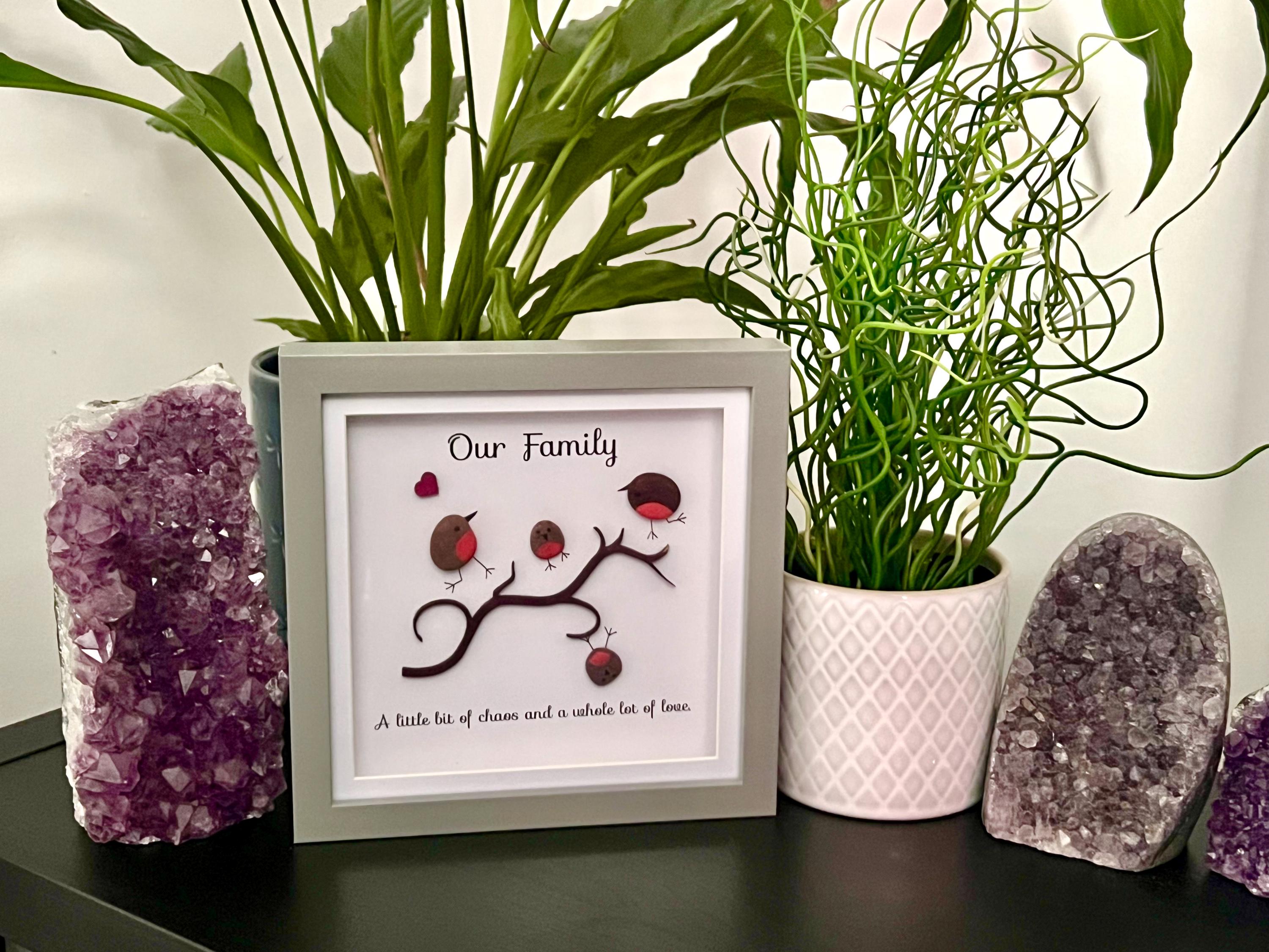Personalised hand painted Robins, Family Pebble Art Frame, Wall art gift for Dad, Bird lovers present for Grandma, Mothers Day gift for Mum