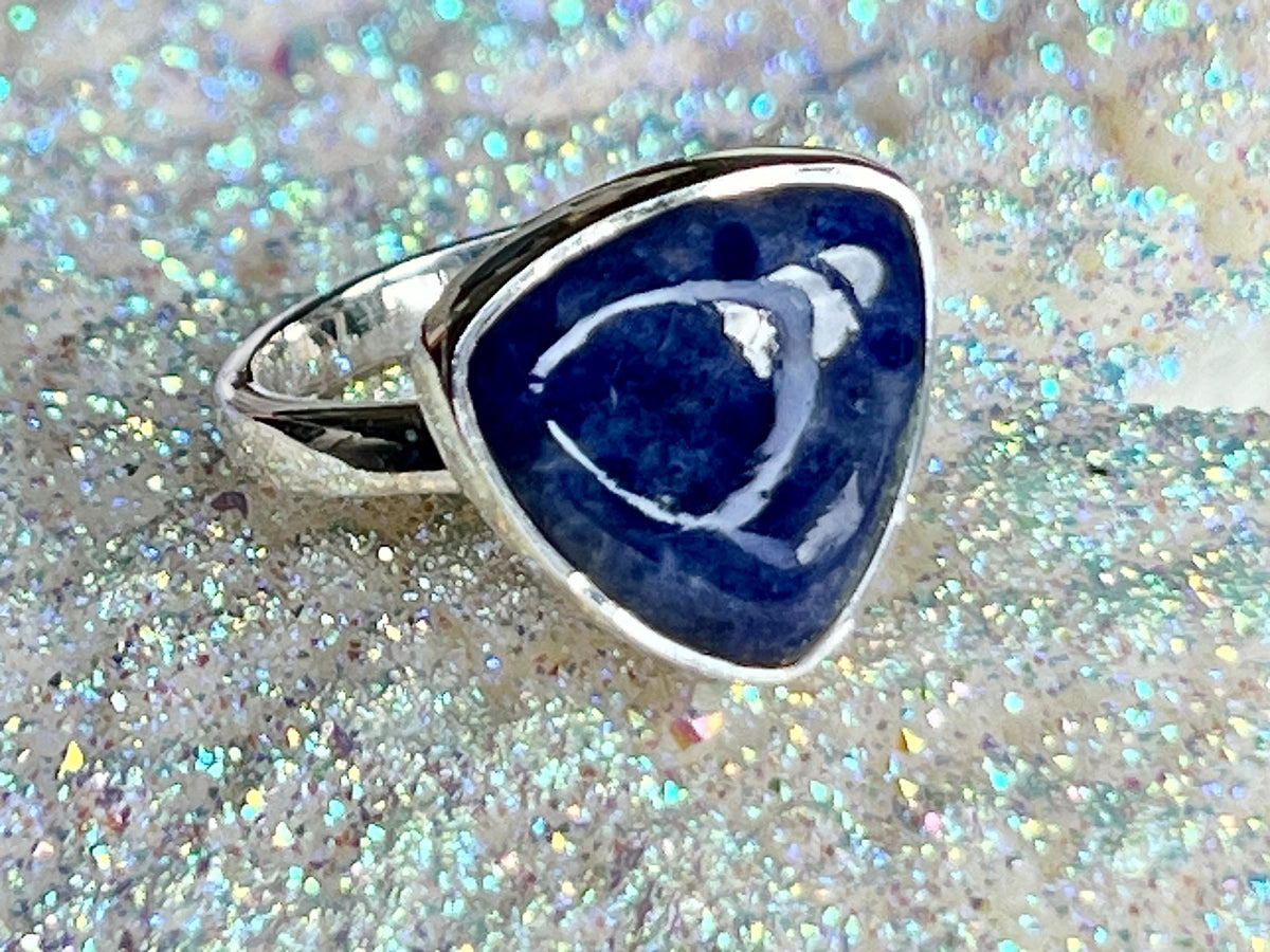 Sodalite Crystal Ring Size P &1/2, 925 Sterling Silver, Healing Crystal Triangle Stone Gift, Blue Gemstone for calm, UK Ethically sourced