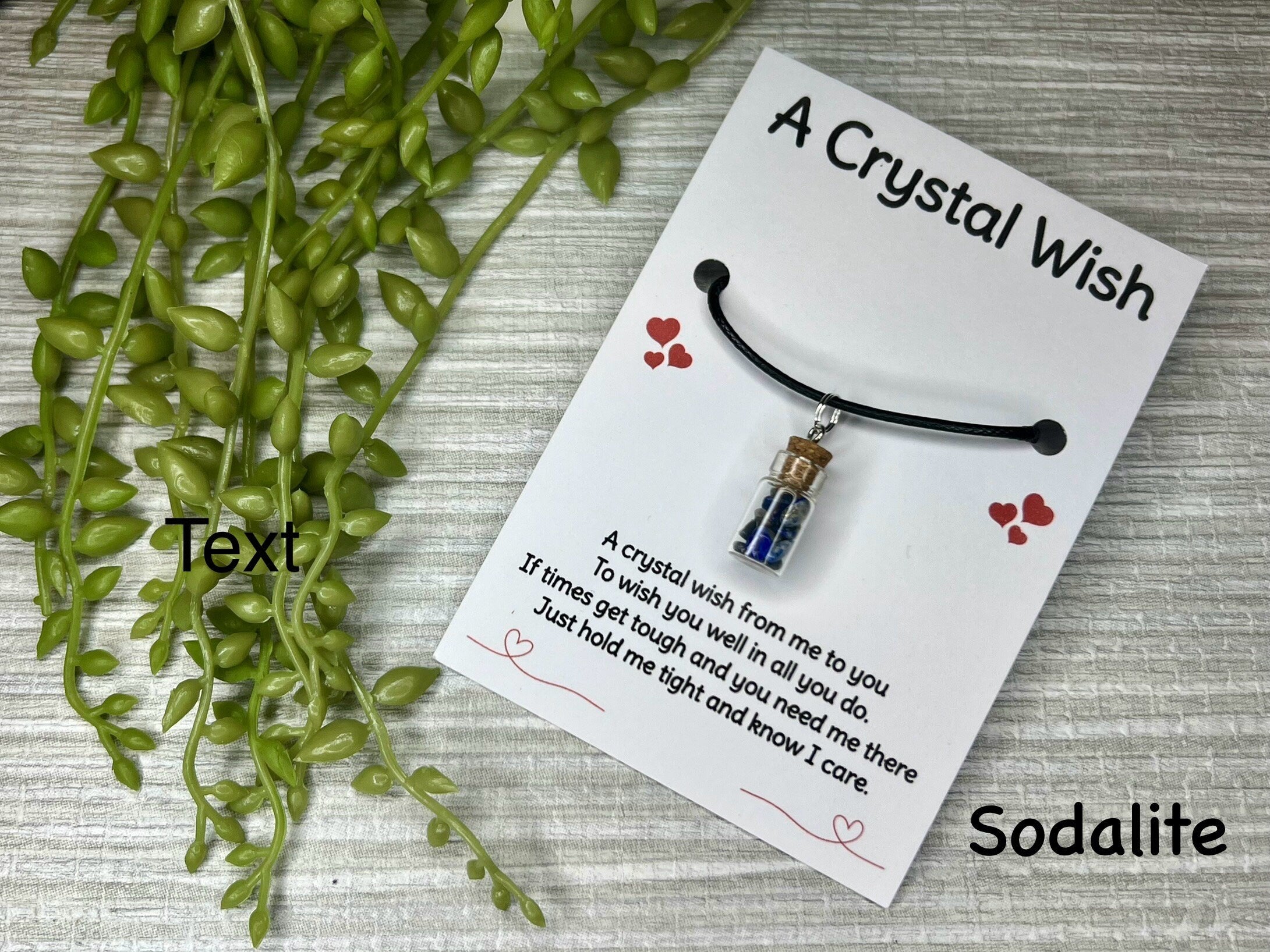 Pocket Hug Necklace, Crystal Wish Bottle Gift Card, Crystal Letterbox Gift, Amethyst Chips, Blue Howlite, Green Aventurine, Sodalite, Chakra