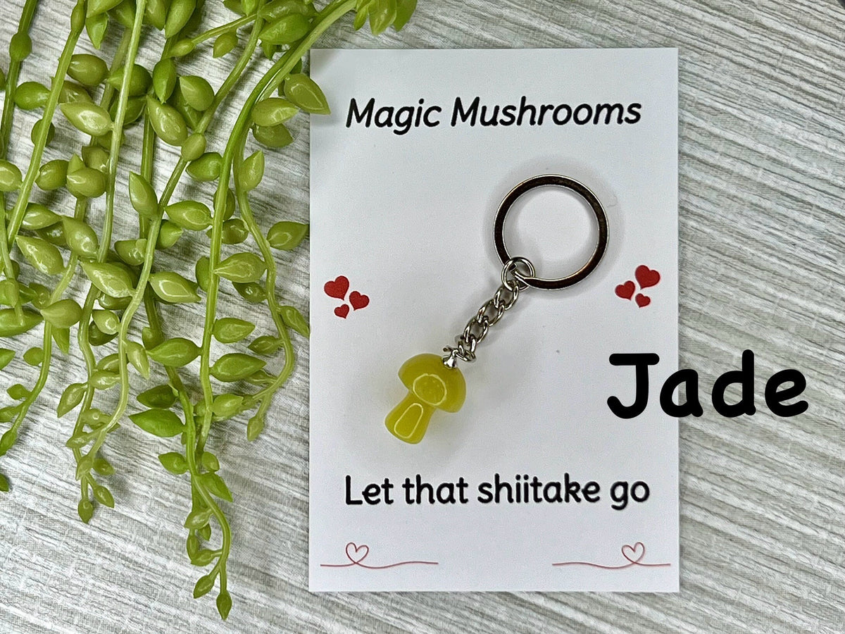 Crystal Mushroom Keyring, Jade Gift, Clear Quartz, Green Aventurine, Tigers Eye, Red Jasper, Sodalite, Dalmatian Jasper, Gift for new home