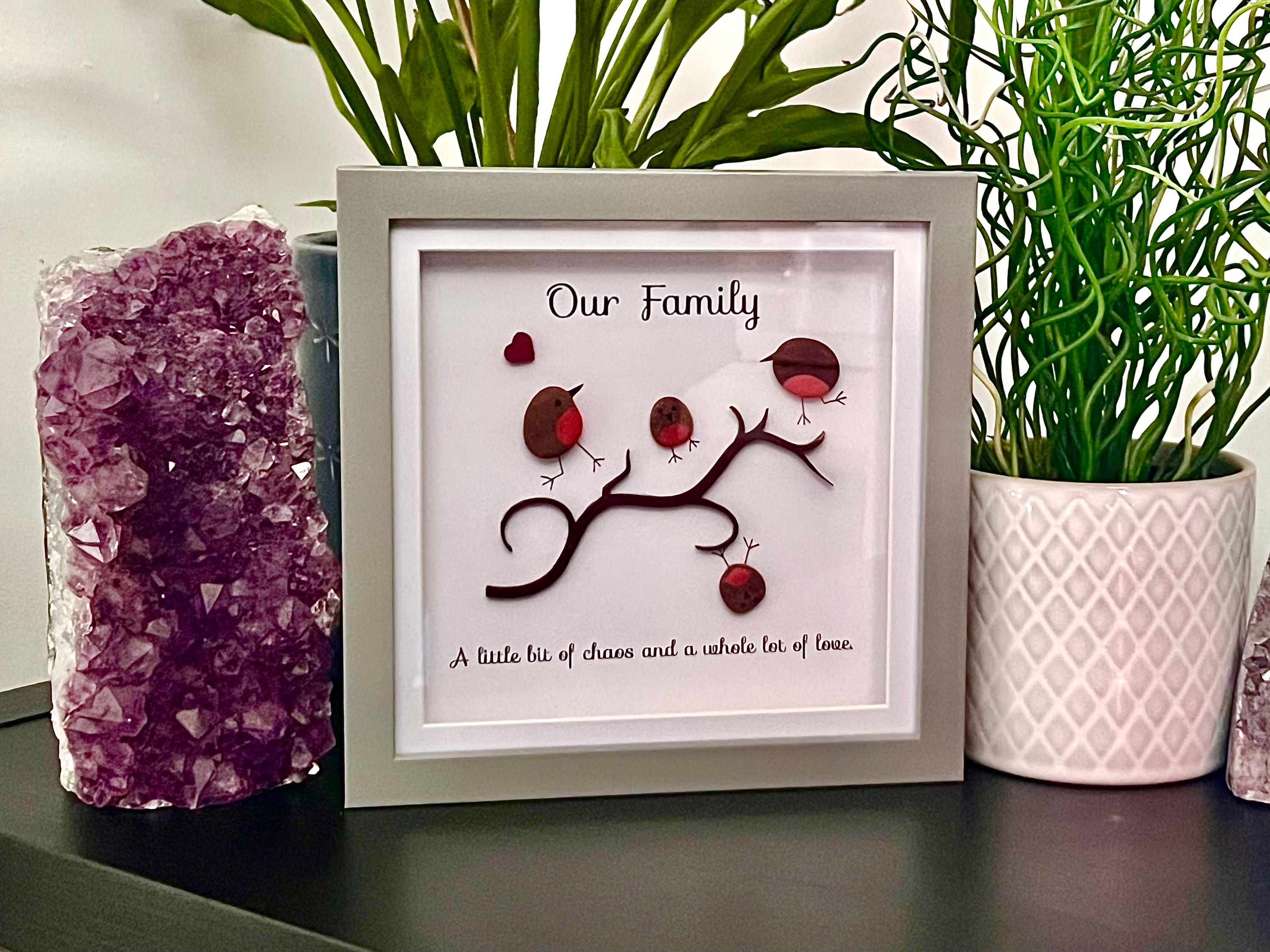 Personalised hand painted Robins, Family Pebble Art Frame, Wall art gift for Dad, Bird lovers present for Grandma, Mothers Day gift for Mum