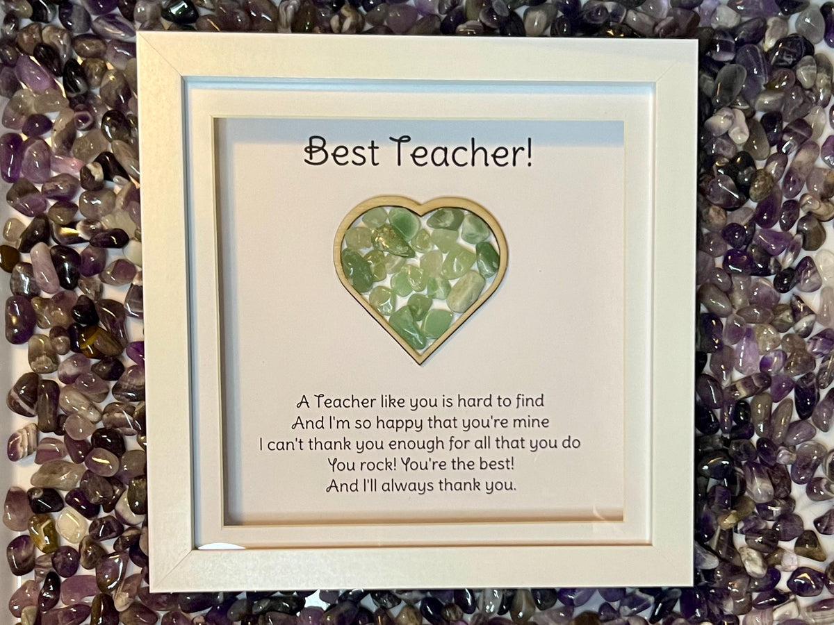Teacher thank you gift, framed crystal heart and poem, metaphysical shop, wall art decor, aventurine gemstone gift, green crystal present