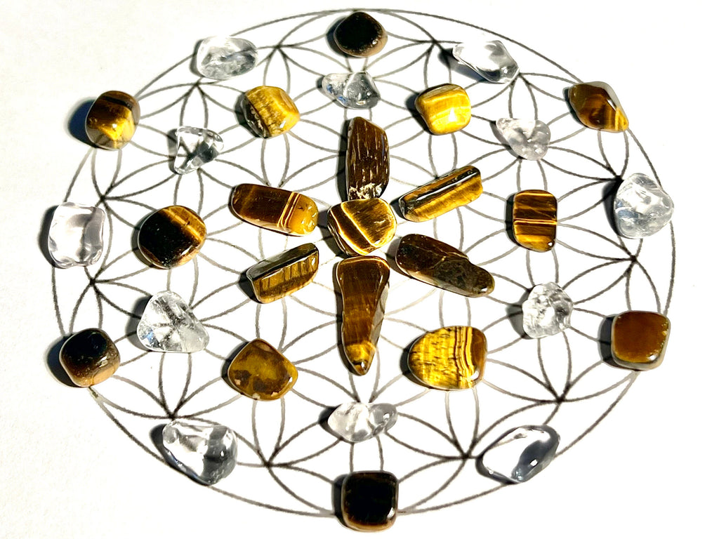 Tigers Eye, Clear Quartz and Black Tourmaline crystal grid art work, framed crystal picture for protection, wall art for friend, wife, boy