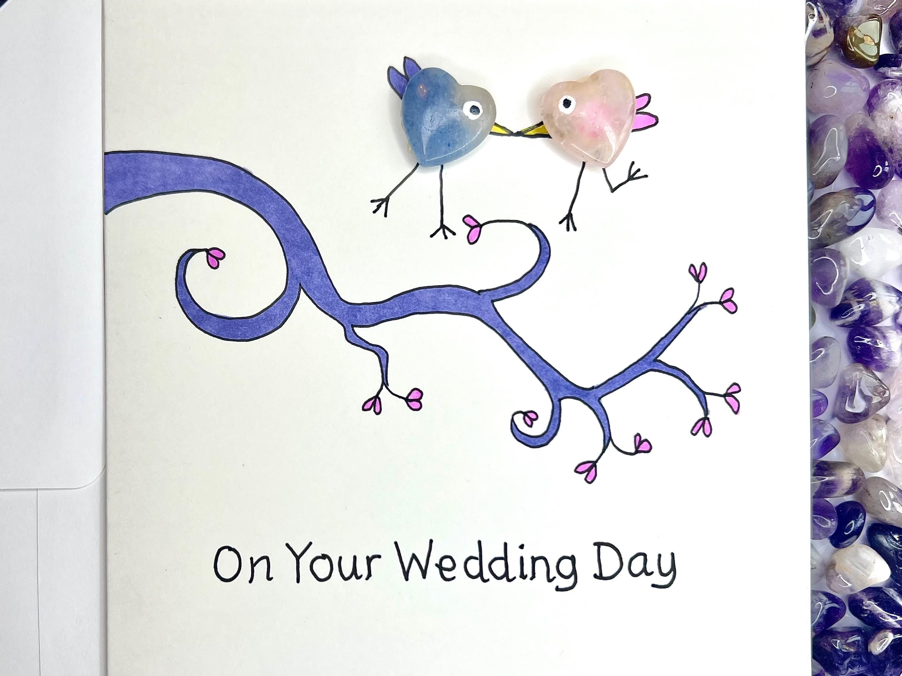 Wedding Crystal Cards, Pocket Hug Greetings Card for Bride and Groom, Handmade Keepsake Gift, Pink, Blue and Purple Amethyst Heart Gemstones