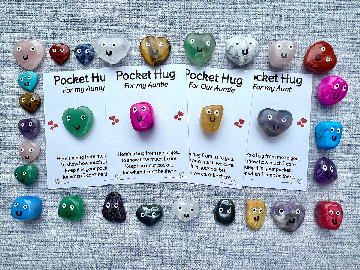 Pocket Hug Crystal for My Aunty, Our Auntie, My Aunt, Letterbox Gift and Card for a Miss you, Thinking of you, Birthday present.