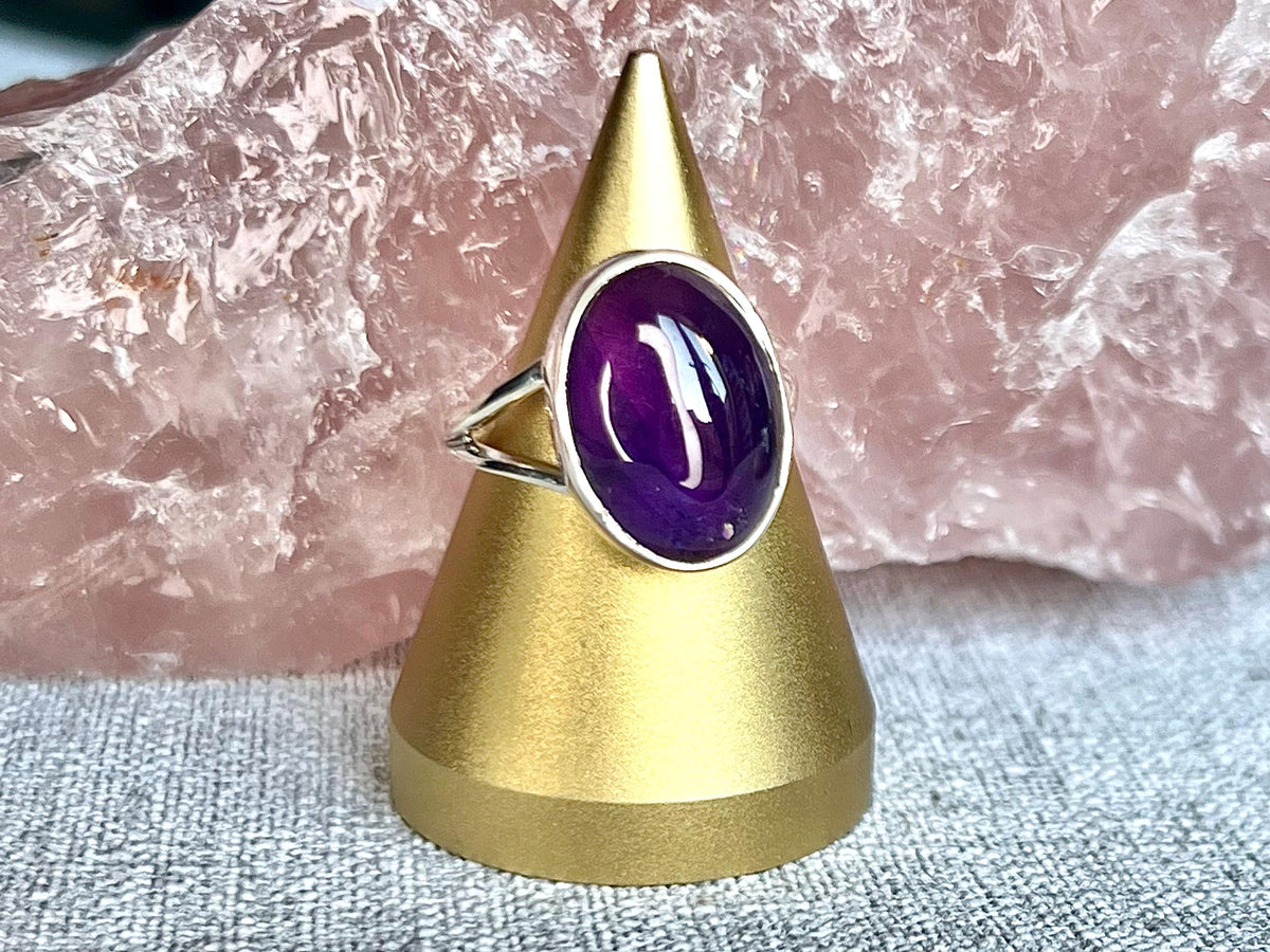 Amethyst Crystal Ring, UK Size P, 925 Sterling Silver, Healing Crystal Jewellery Gift, Purple Gemstone for anxiety, Ethically sourced stones
