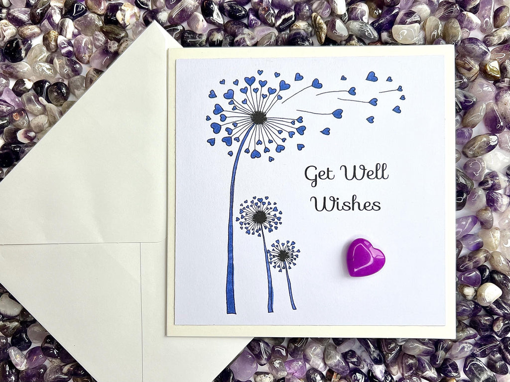 Get Well Soon Crystal Cards, Pocket Hug Dandelion Wishes, Recovery Crystals, Purple Amethyst Heart Gemstones, Gift for illness encouragement