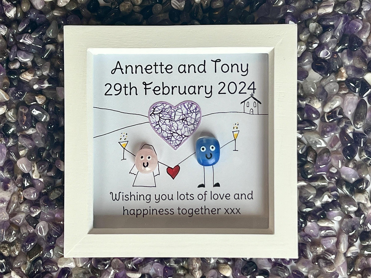 Wedding Day Keepsake Gift, Framed crystal gift for Bride and Groom, hand drawn crystal art wedding present, box framed crystal wall art 18cm