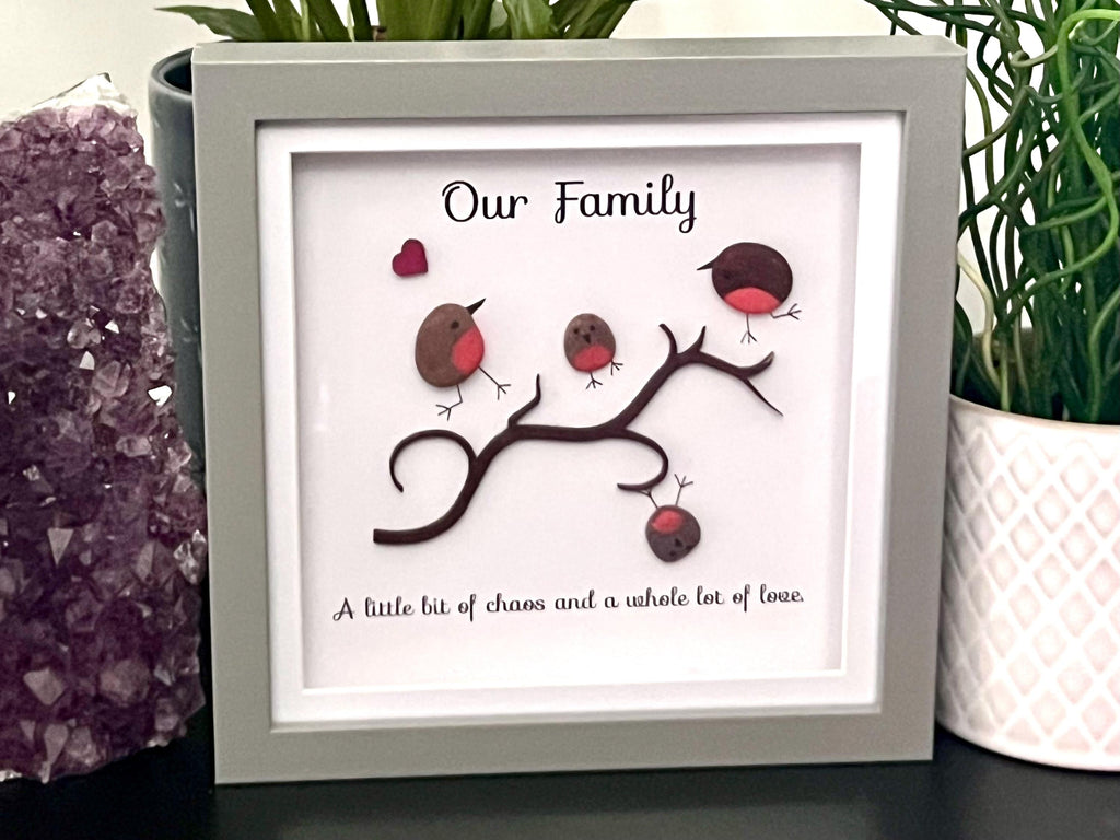 Personalised hand painted Robins, Family Pebble Art Frame, Wall art gift for Dad, Bird lovers present for Grandma, Mothers Day gift for Mum