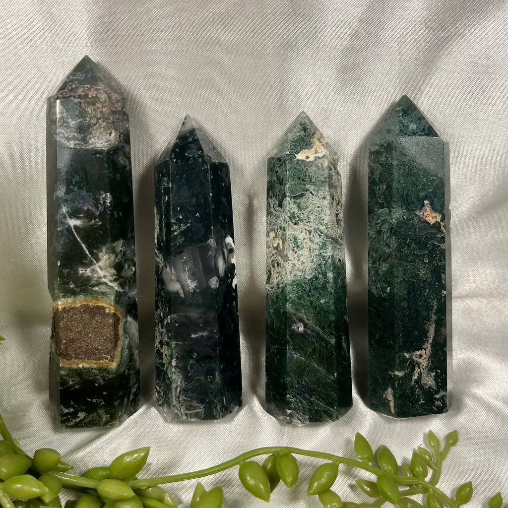 Moss Agate Towers, Moss Agate Points, Crystals Carvings, Moss Agate Polished, Consciously Sourced
