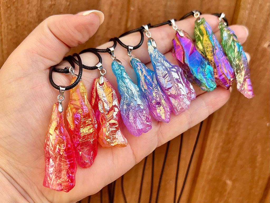 Aura Quartz Crystal pendants, Pink and Blue “Candy Floss”, Red / Orange “flame”, Green / Purple “mermaids tails”, Gemstone necklace gift