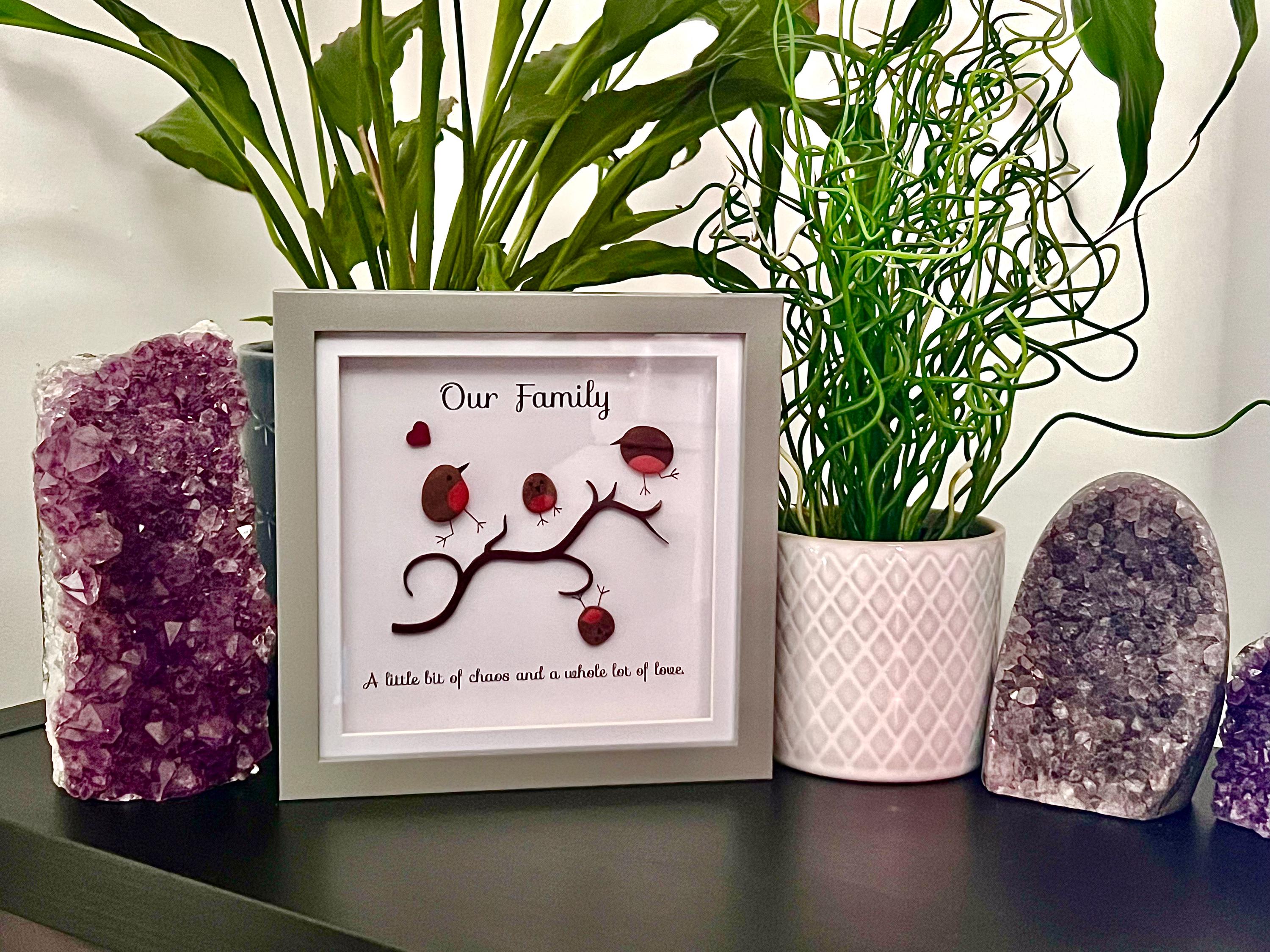 Personalised hand painted Robins, Family Pebble Art Frame, Wall art gift for Dad, Bird lovers present for Grandma, Mothers Day gift for Mum