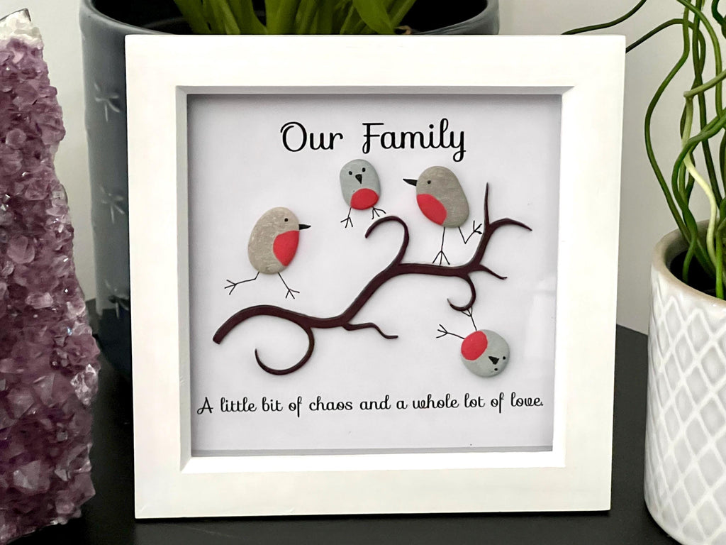 Personalised hand painted Robins, Family Pebble Art Frame, Wall art gift for Dad, Bird lovers present for Grandma, Mothers Day gift for Mum