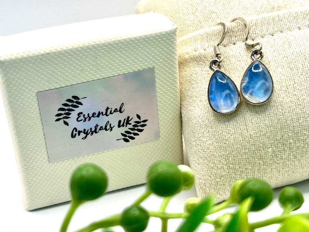 Sterling silver blue moonstone dangle earrings, crown chakra, gemstone drop earrings for women, metaphysical shop, June birthday gift for her