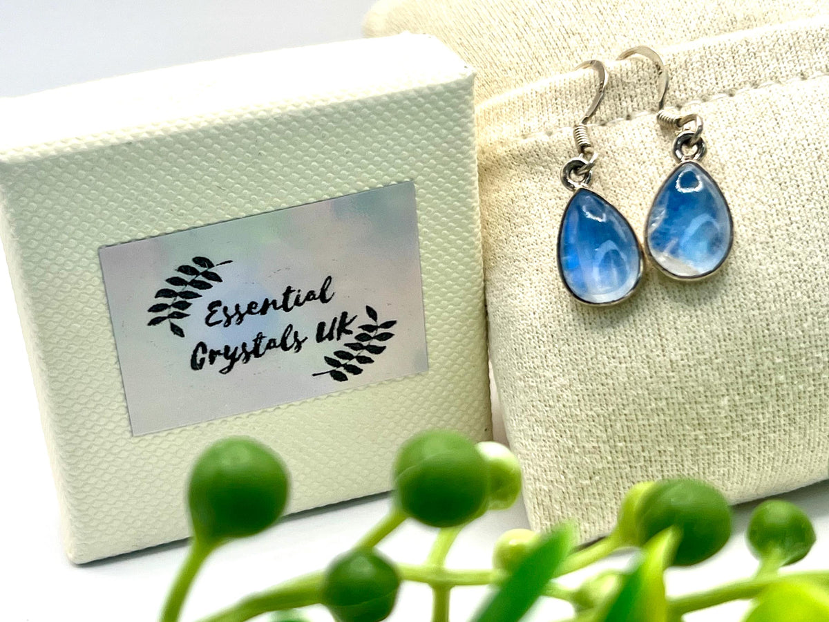 Sterling silver blue moonstone dangle earrings, crown chakra, gemstone drop earrings for women, metaphysical shop, June birthday gift for her