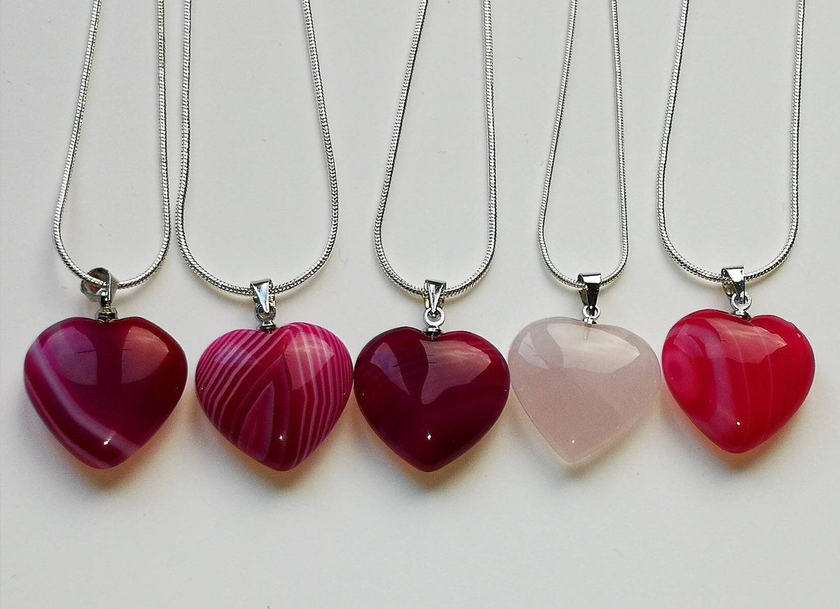 Banded Pink Agate and Rose Quartz Heart Necklaces on Silver Chains, Ethically Sourced, Mother's Day Gifts, UK Crystals, Birthday Present