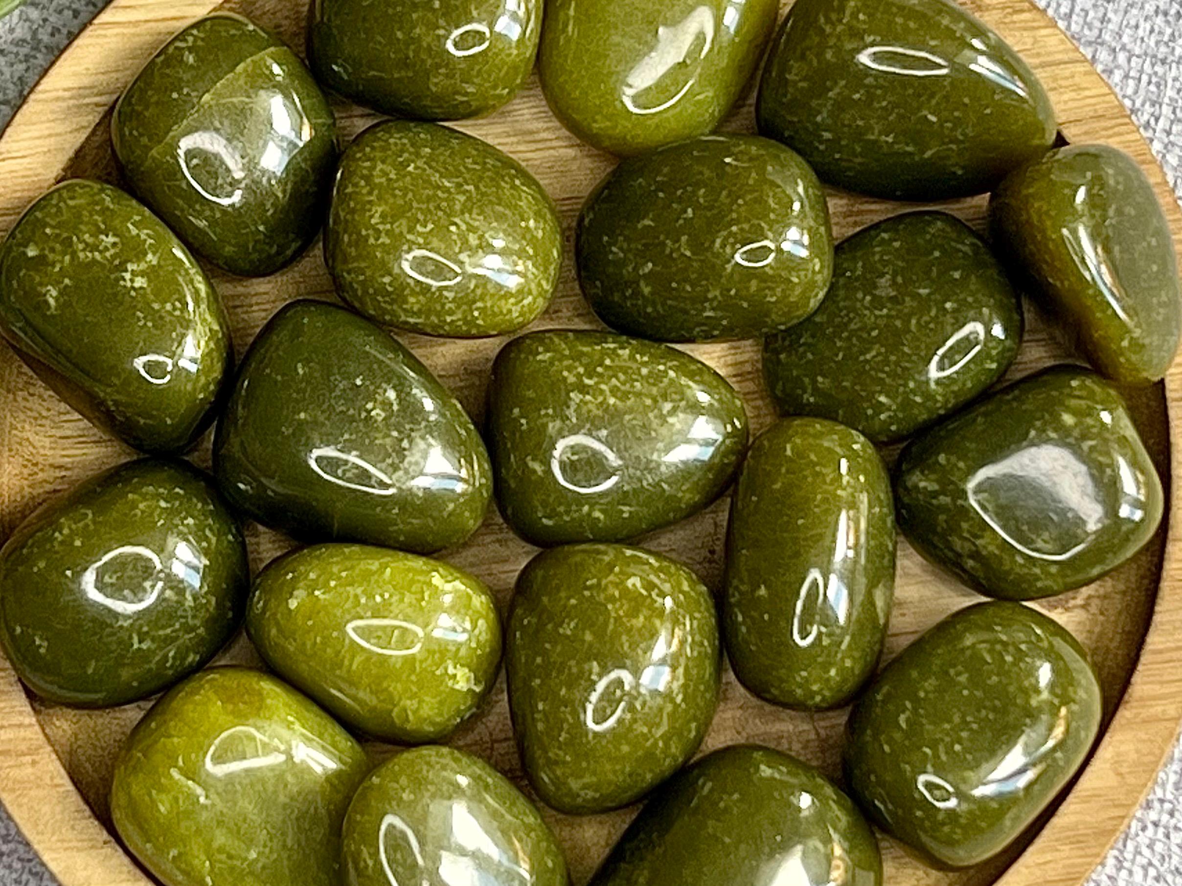 Olivian Jade Tumblestones, Ethically Sourced UK Crystals, Olive Green gemstone for peace and good luck, Heart Chakra Healing Stone