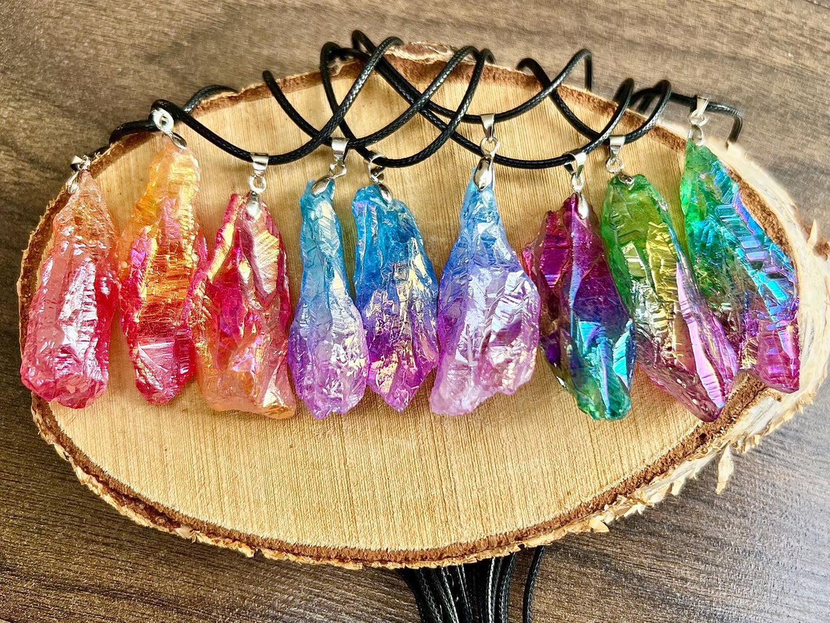 Aura Quartz Crystal pendants, Pink and Blue “Candy Floss”, Red / Orange “flame”, Green / Purple “mermaids tails”, Gemstone necklace gift