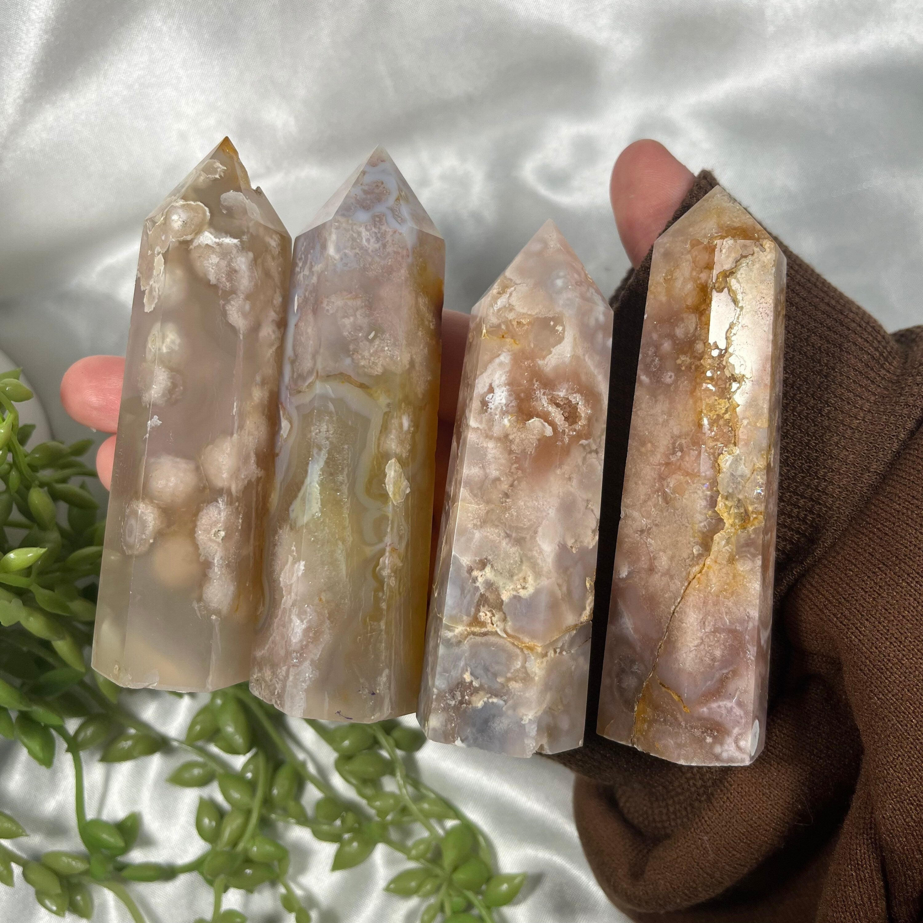 Flower Agate Towers, Flower Agate Points, Crystal Obelisks, Flower Agate Carvings, Connect to Divine Feminine | Consciously Sourced