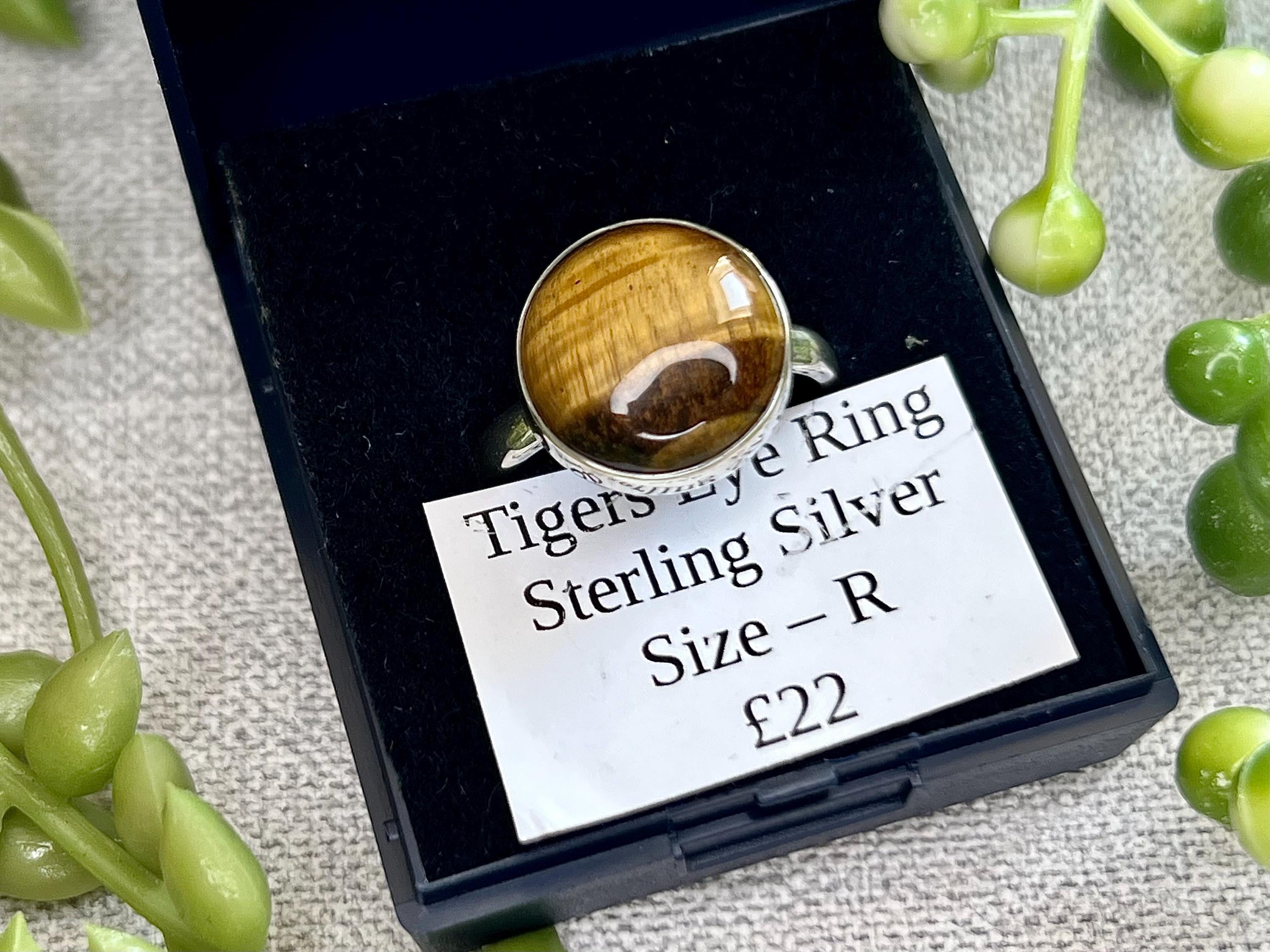 Tigers Eye Crystal Ring Size R, 925 Sterling Silver, Healing Crystal Jewellery Gift, Golden Gemstone for strength, UK Ethically sourced
