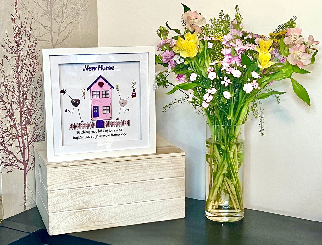 Seaglass Art Crystal Picture, Amethyst & Rose Quartz, New Home Gift With laser engraved house