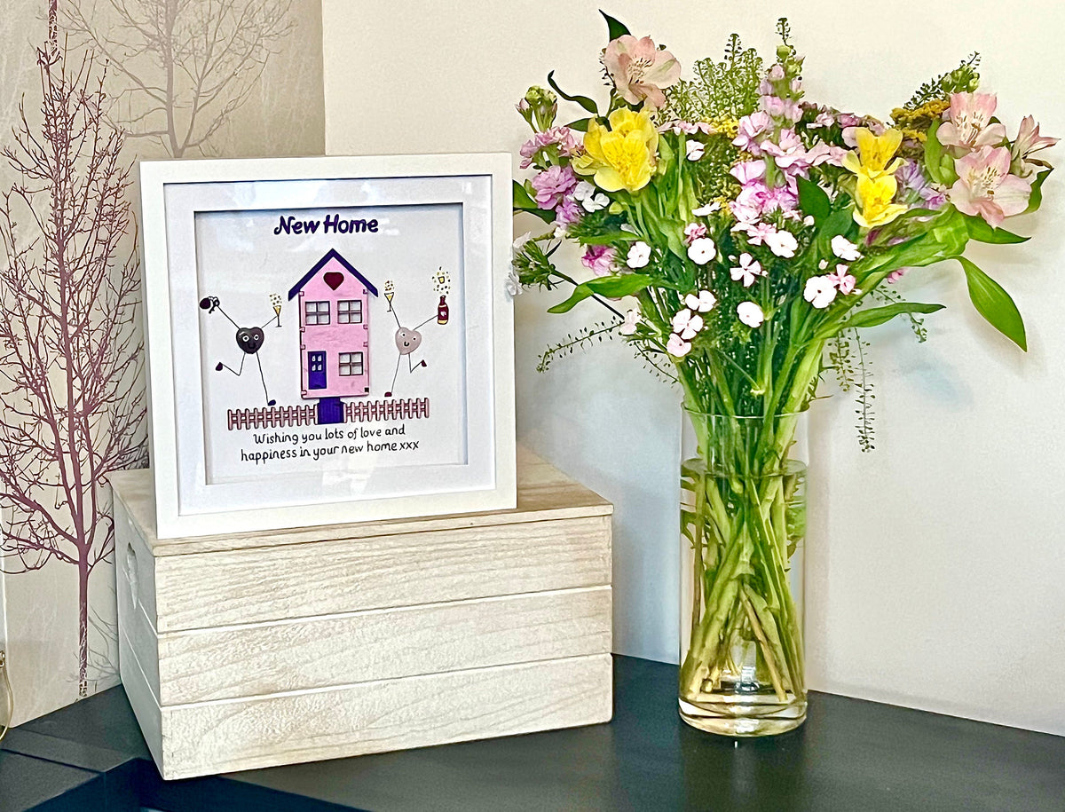 Seaglass Art Crystal Picture, Amethyst & Rose Quartz, New Home Gift With laser engraved house