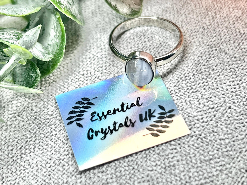 Blue Lace Agate Crystal Ring, UK Size P, 925 Sterling Silver, Healing Crystal Jewellery Gift, Purple Gemstone for anxiety, Ethically sourced