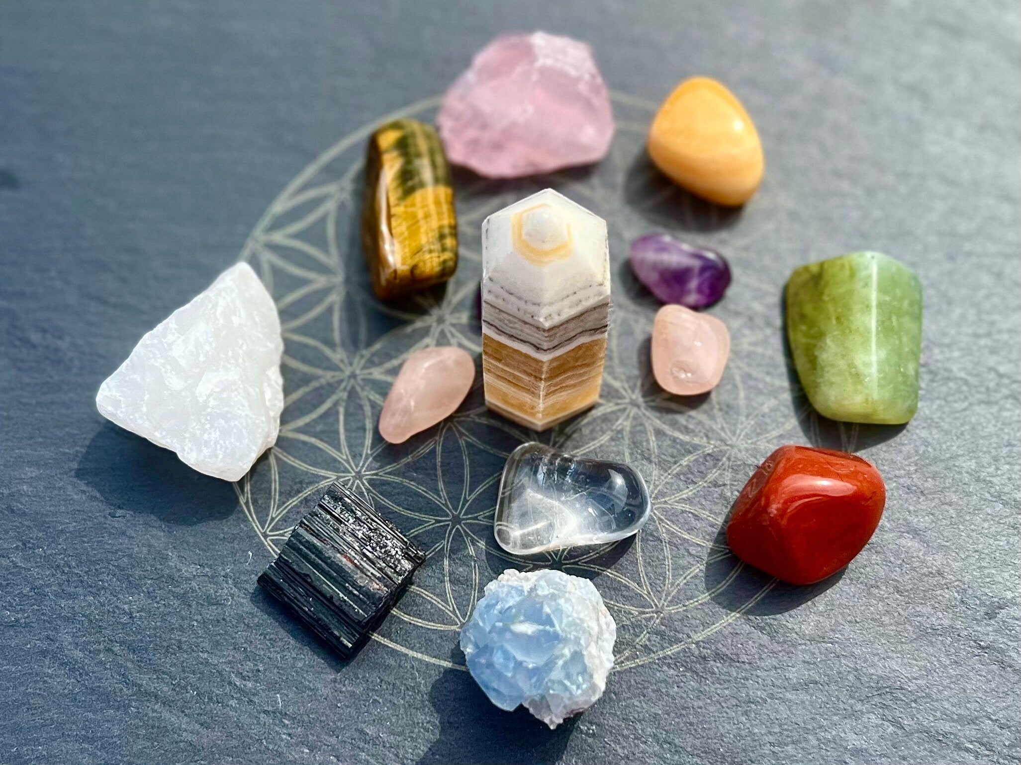 Slate flower of life crystal grid, balance your chakras charging plate, Altar decoration, crystal gift from the UK