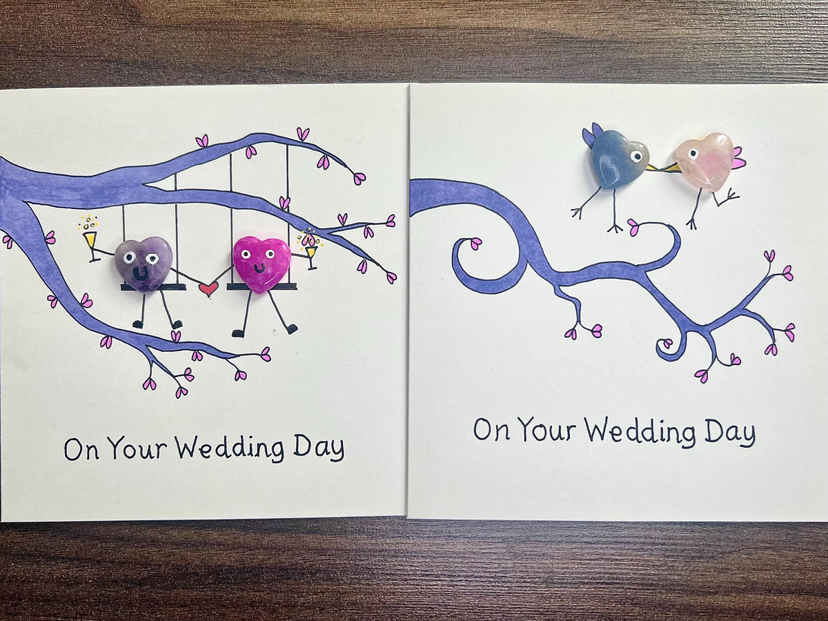 Wedding Crystal Cards, Pocket Hug Greetings Card for Bride and Groom, Handmade Keepsake Gift, Pink, Blue and Purple Amethyst Heart Gemstones