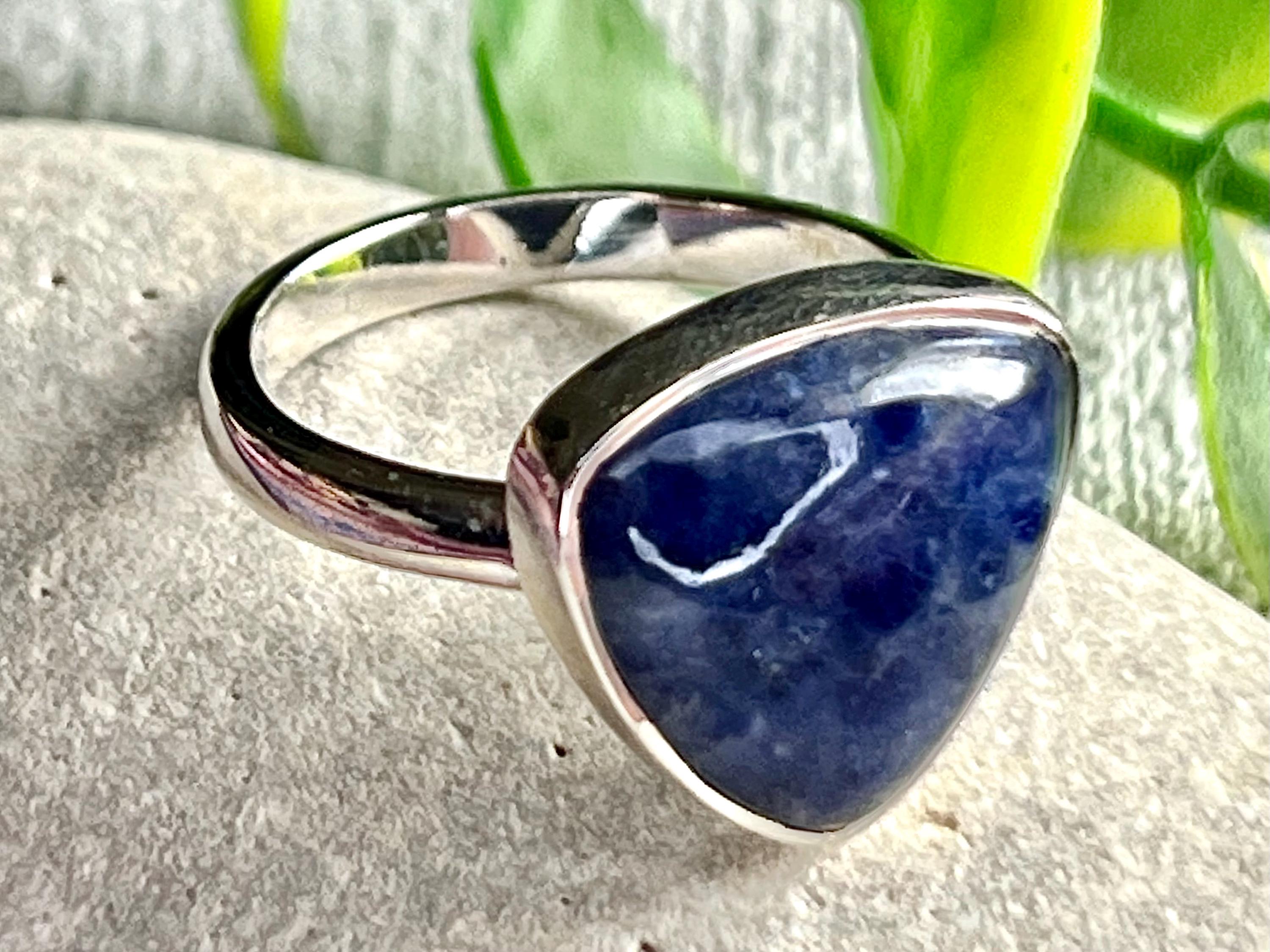 Sodalite Crystal Ring Size P &1/2, 925 Sterling Silver, Healing Crystal Triangle Stone Gift, Blue Gemstone for calm, UK Ethically sourced