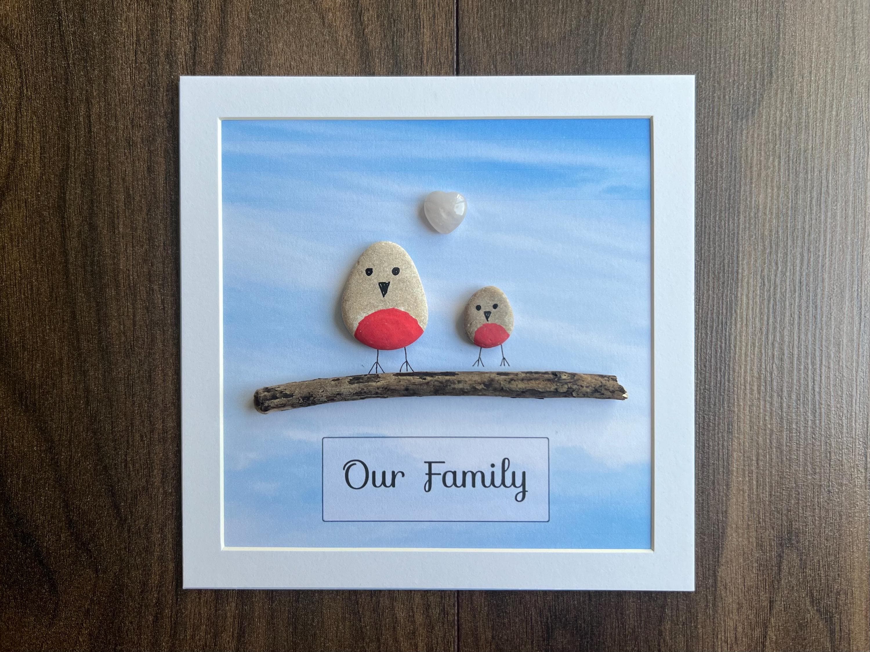 Family Pebble Art Frame, Personalised hand painted Robins, Wall art gift for New Baby Parents, Bird lovers present for Grandparents