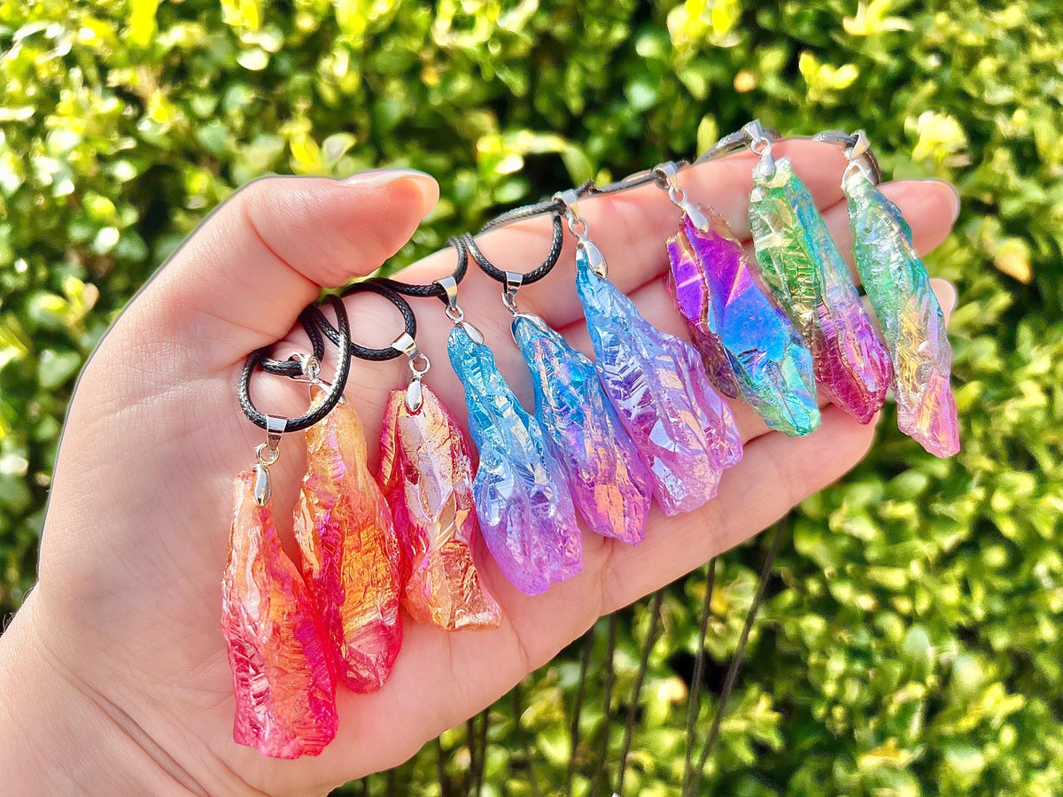Aura Quartz Crystal pendants, Pink and Blue “Candy Floss”, Red / Orange “flame”, Green / Purple “mermaids tails”, Gemstone necklace gift