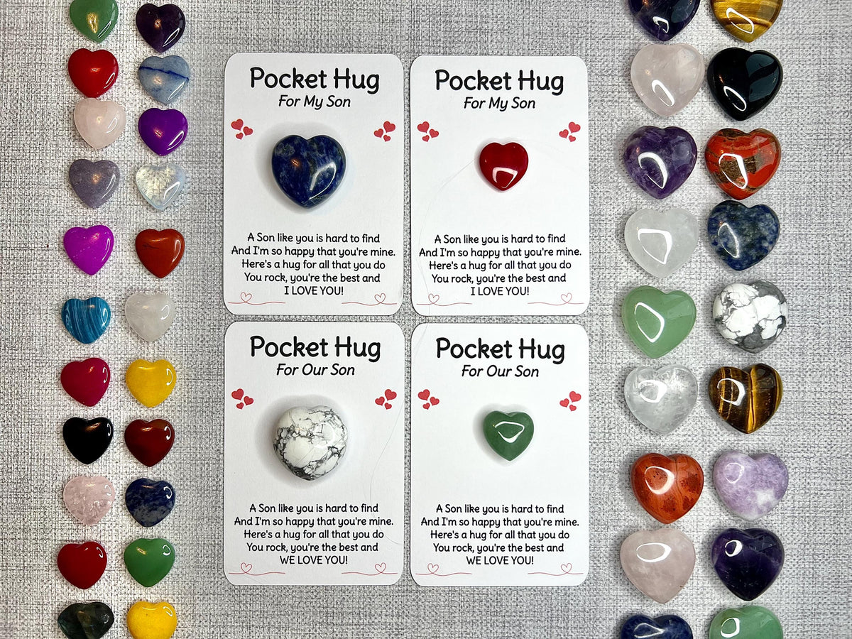 Crystal Heart Pocket Hug for Son, Crystal letterbox gift, Thinking of you present, card and Poem, Choose Own Crystal Type, Metaphysical shop