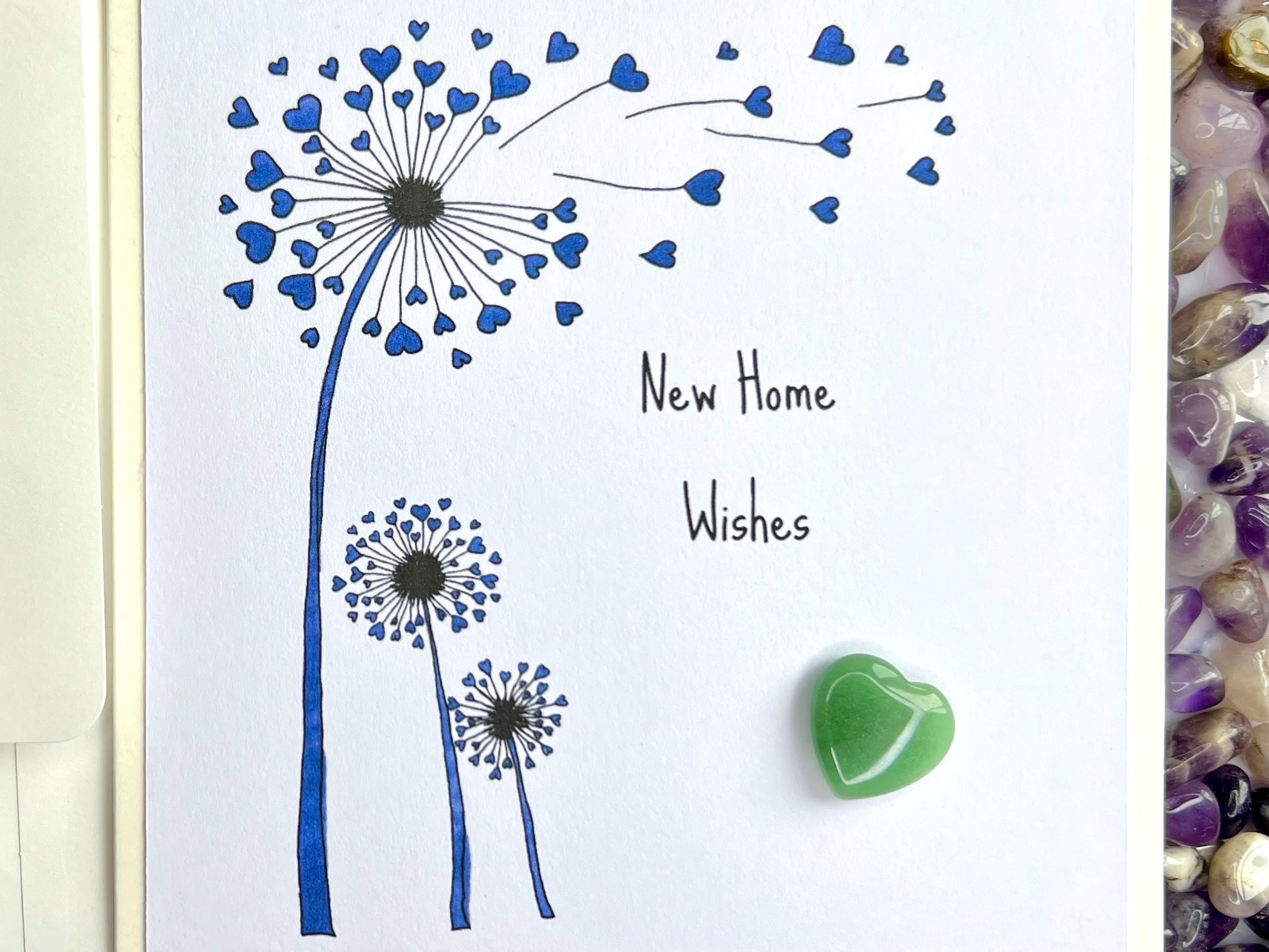 New Home Crystal Cards, Pocket Hug Dandelion Wishes keepsake, Purple Amethyst Heart Gemstones, Green Crystals for luck, House Warming Gift