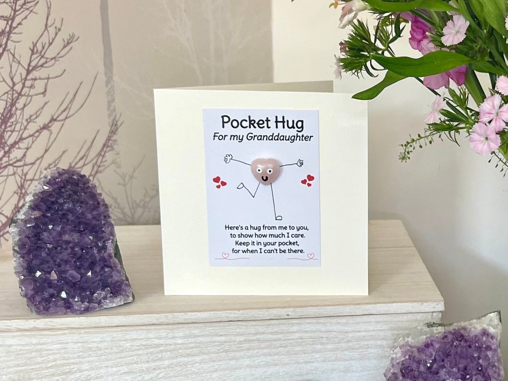 Granddaughter Rose Quartz Crystal Heart Card, Pocket Hug Greetings Card for Grandchild, Handmade Birthday, Miss You, Thinking Of You Gift