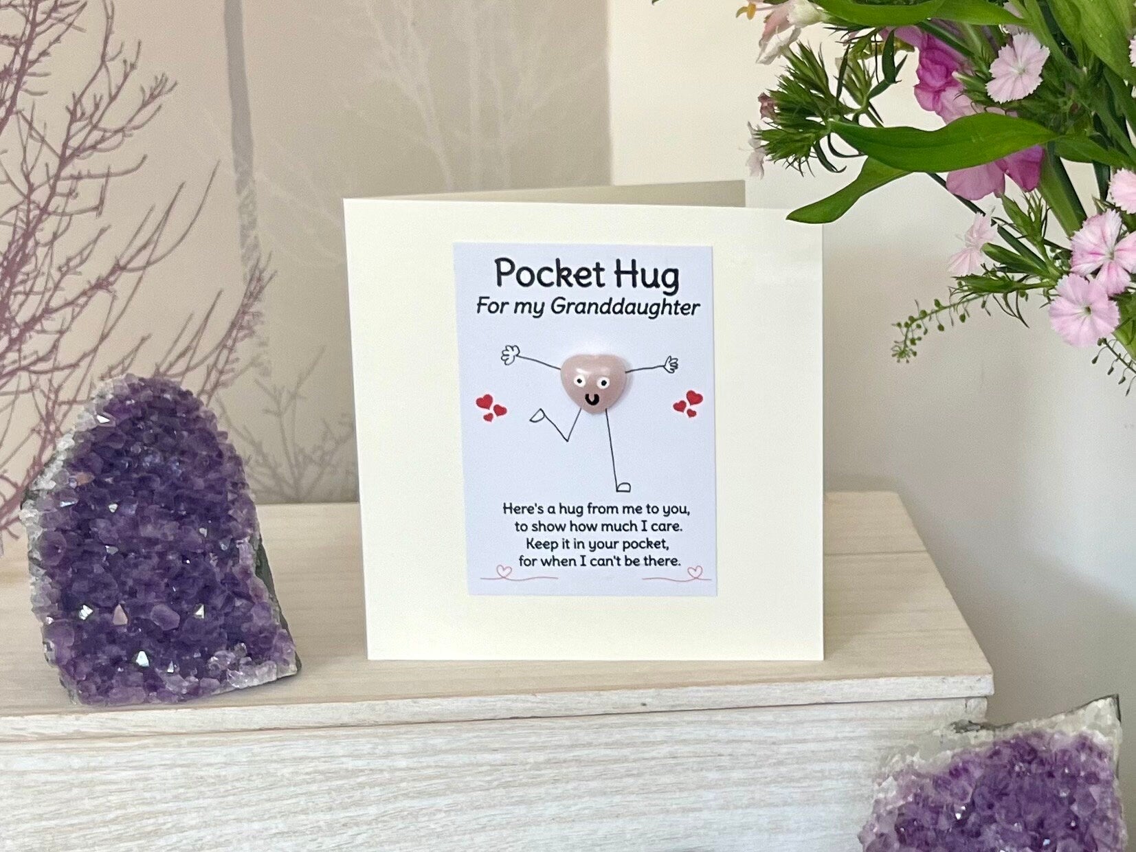 Granddaughter Rose Quartz Crystal Heart Card, Pocket Hug Greetings Card for Grandchild, Handmade Birthday, Miss You, Thinking Of You Gift