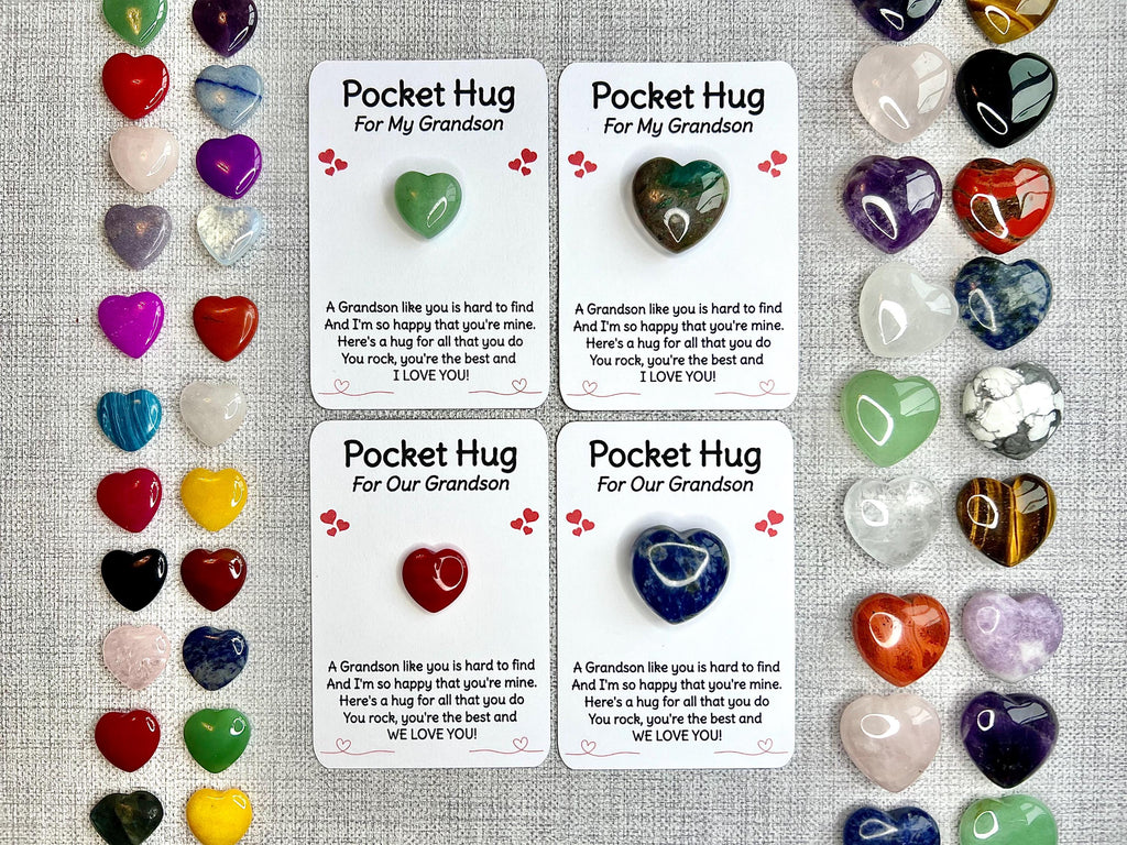 Crystal Heart Pocket Hug for Grandson, Crystal letterbox gift, Thinking of you present, card and Poem, Choose Own Crystal Type, Metaphysical