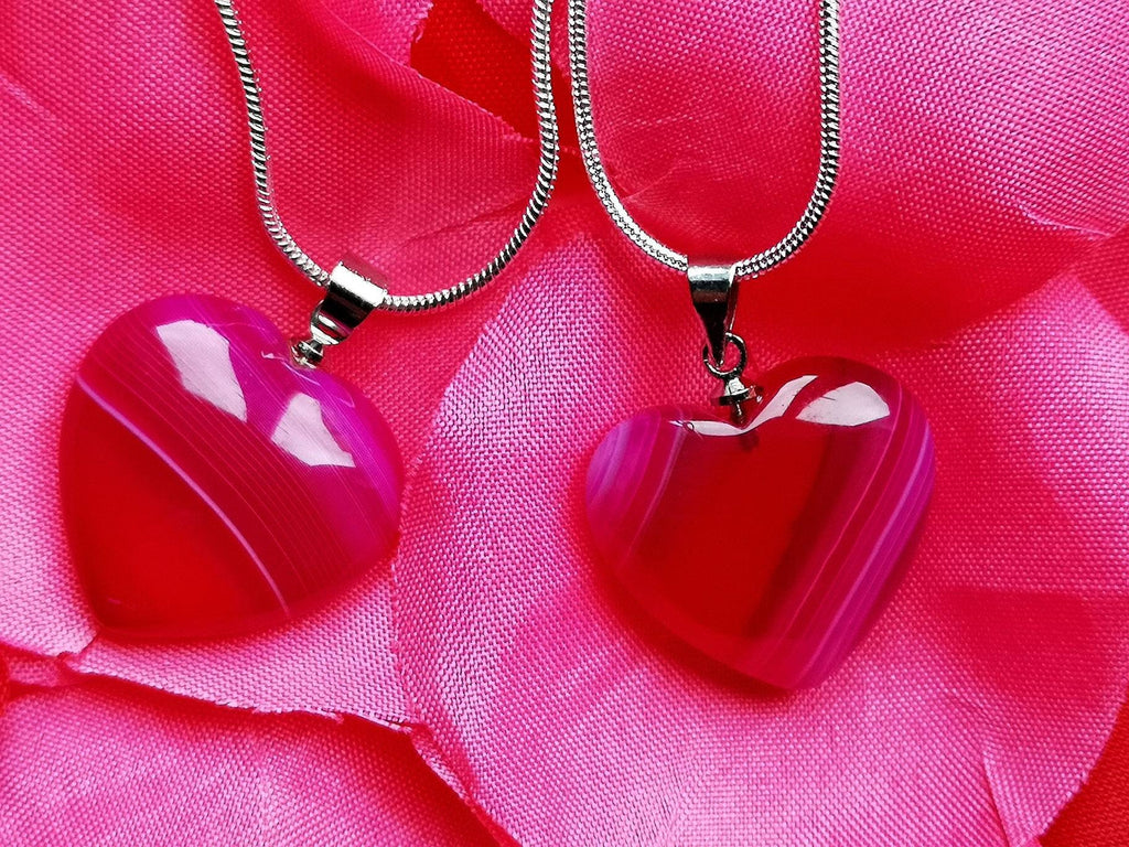 Two Matching Pink Agate Heart Crystal Necklaces on Silver Chains, UK Crystals, Ethically Sourced, Crystal Birthday Gift, Crystal Jewellery