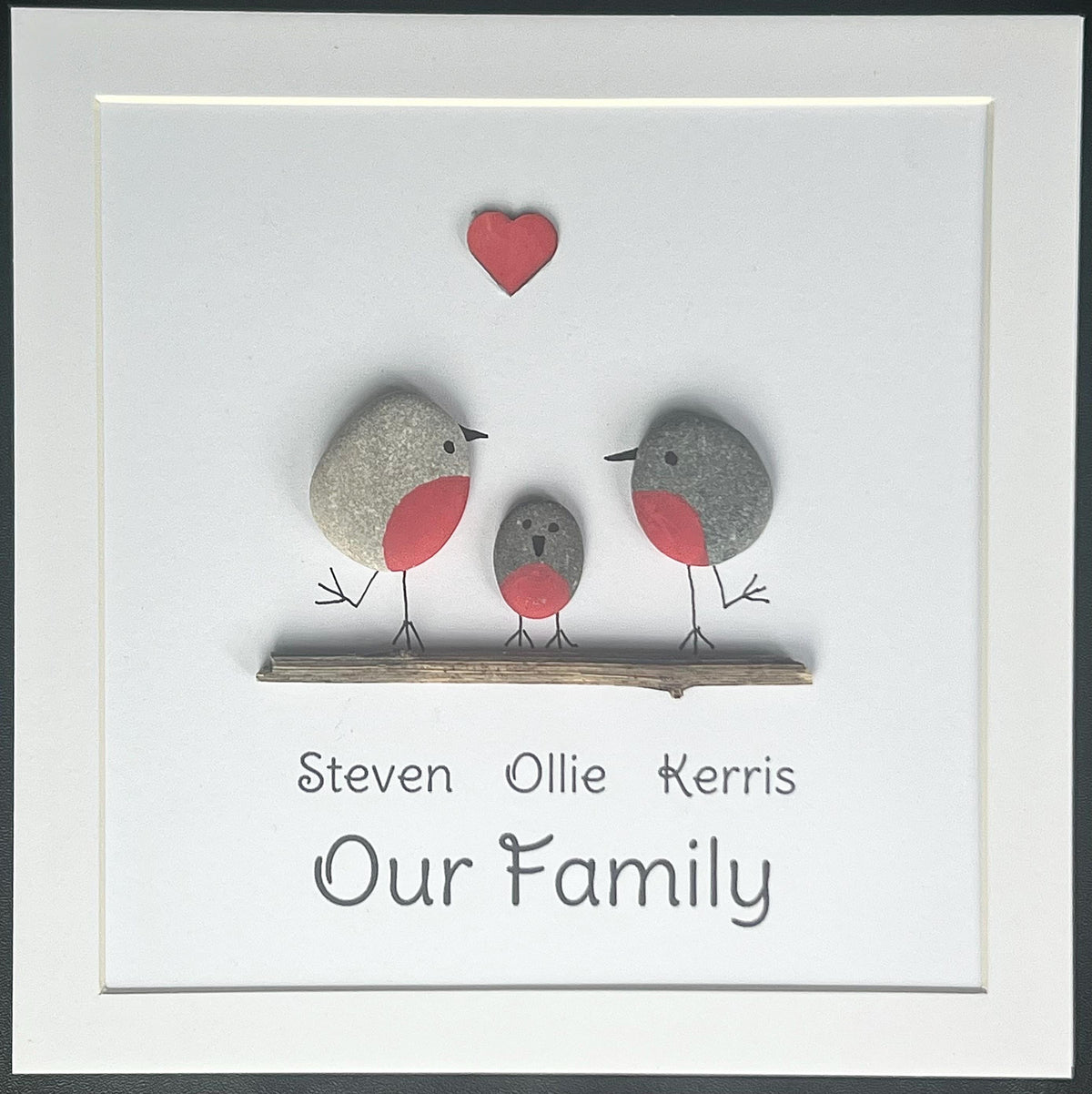 Family Pebble Art Frame, Personalised hand painted Robins, Newborn Wall art gift for New Baby Parents, Bird lovers gift for Grandparents